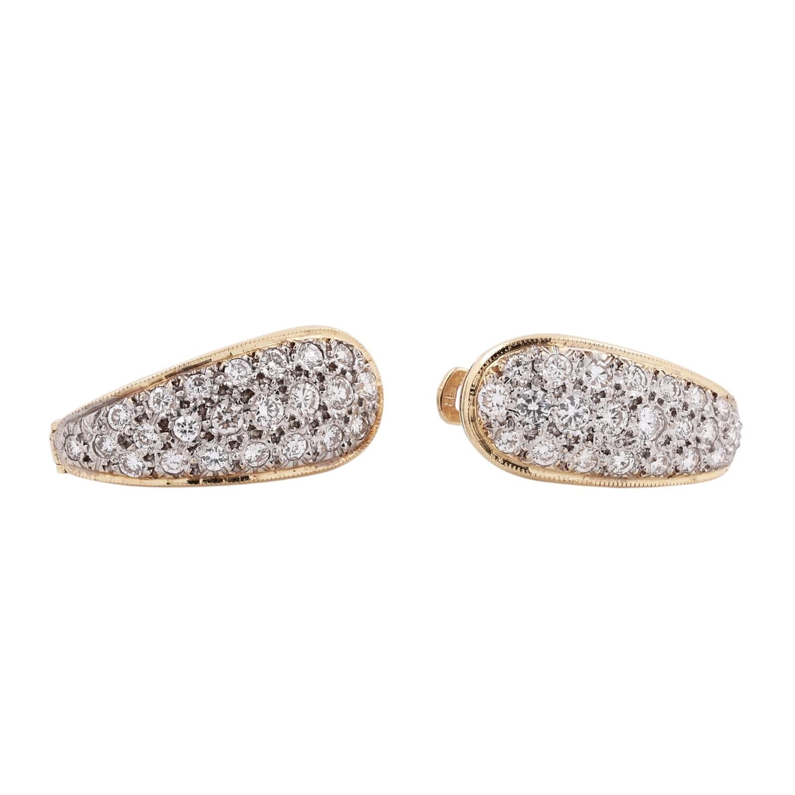 2.75CTW Diamond Hoop Earrings 14K Two Tone Gold Pave Estate Omega Back Ladies