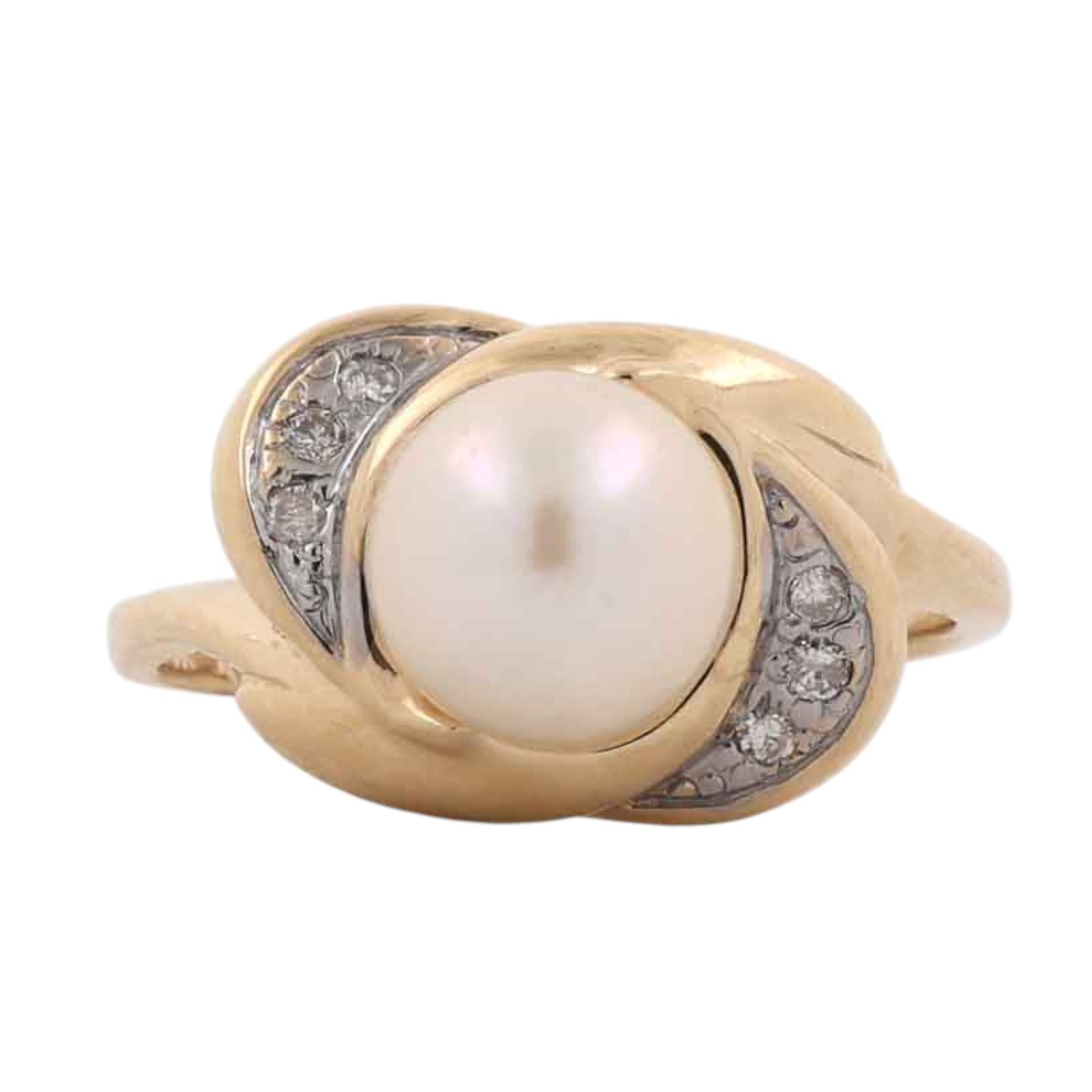 Akoya Pearl Diamond Bypass Ring 14K Two Tone Gold Vintage Size 6