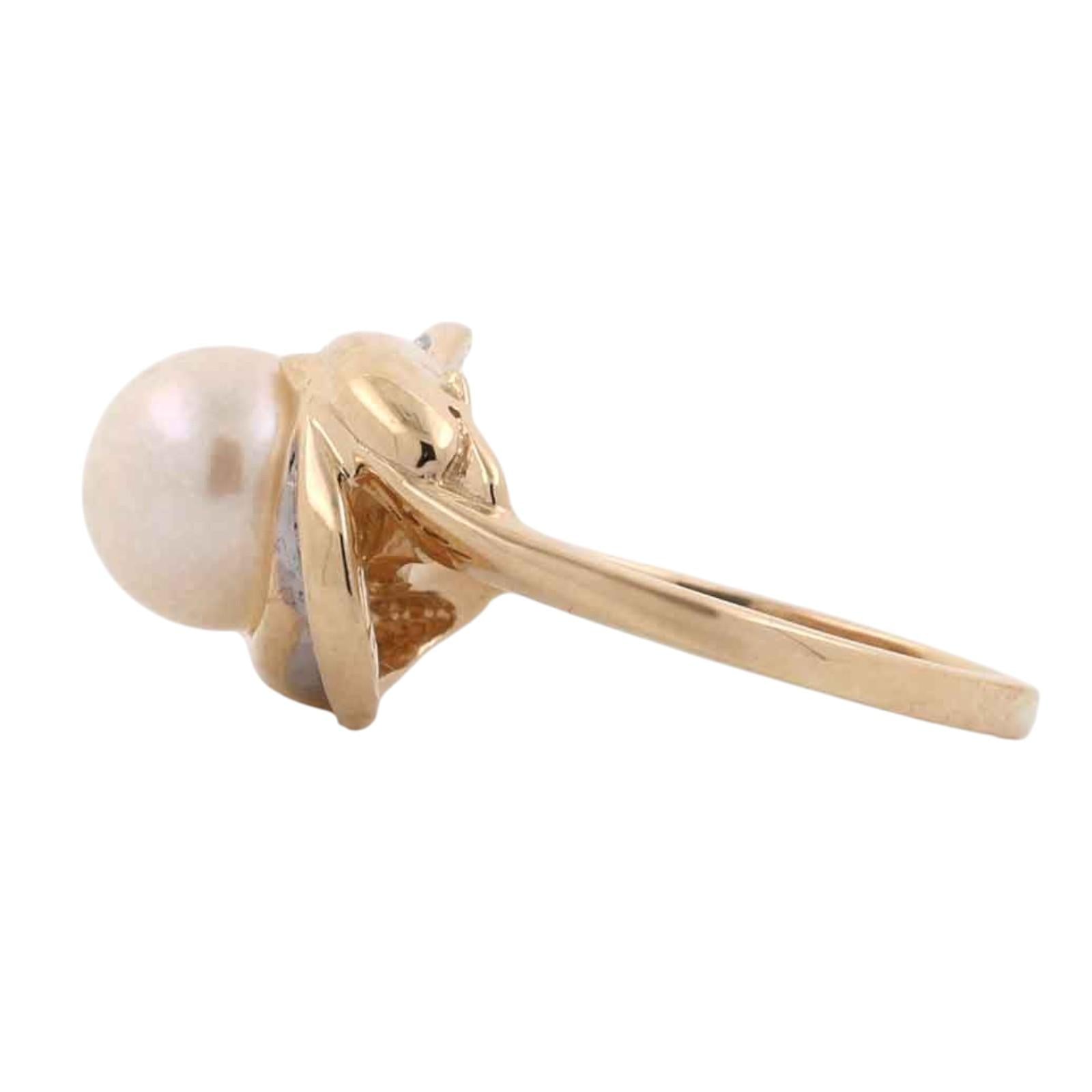 Akoya Pearl Diamond Bypass Ring 14K Two Tone Gold Vintage Size 6