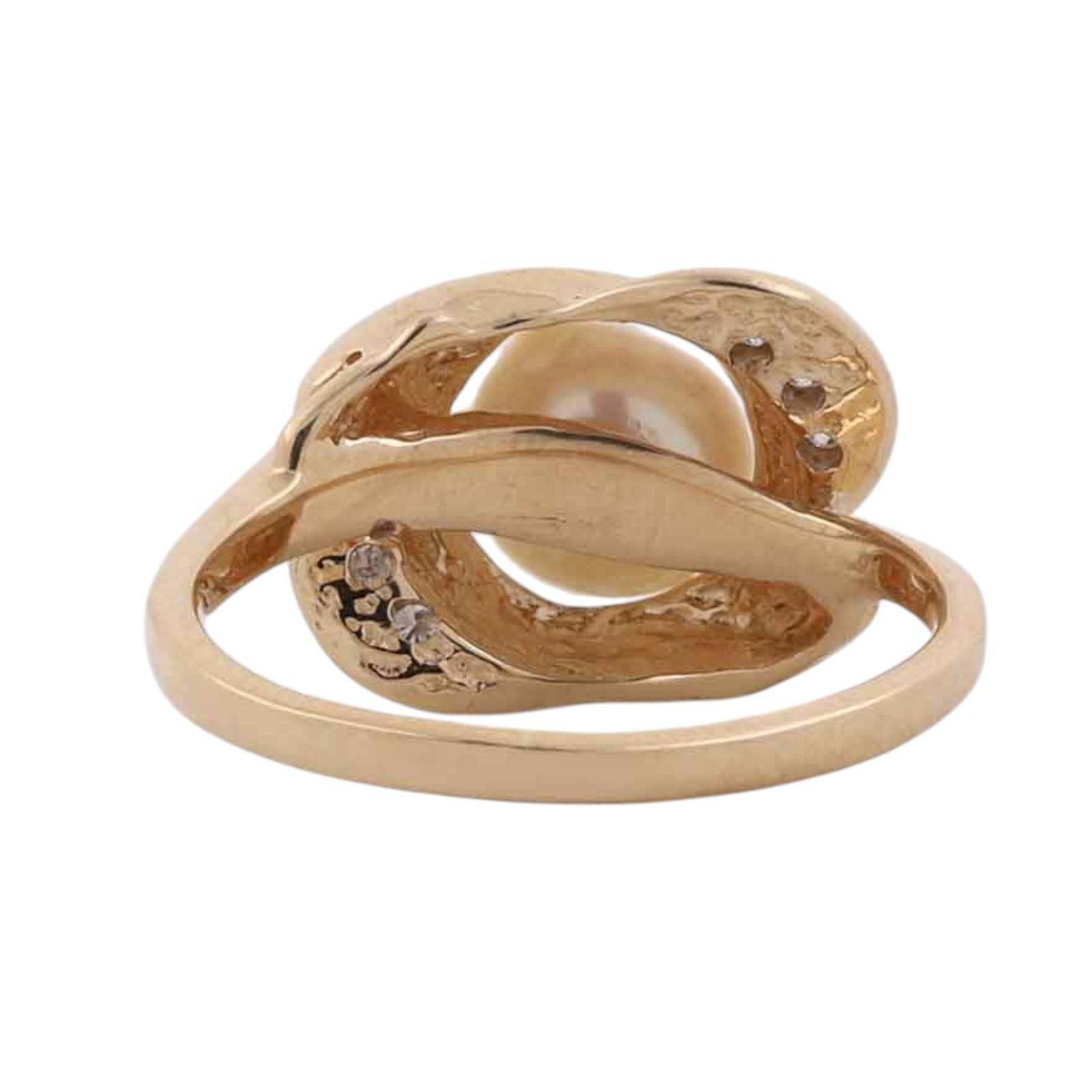 Akoya Pearl Diamond Bypass Ring 14K Two Tone Gold Vintage Size 6