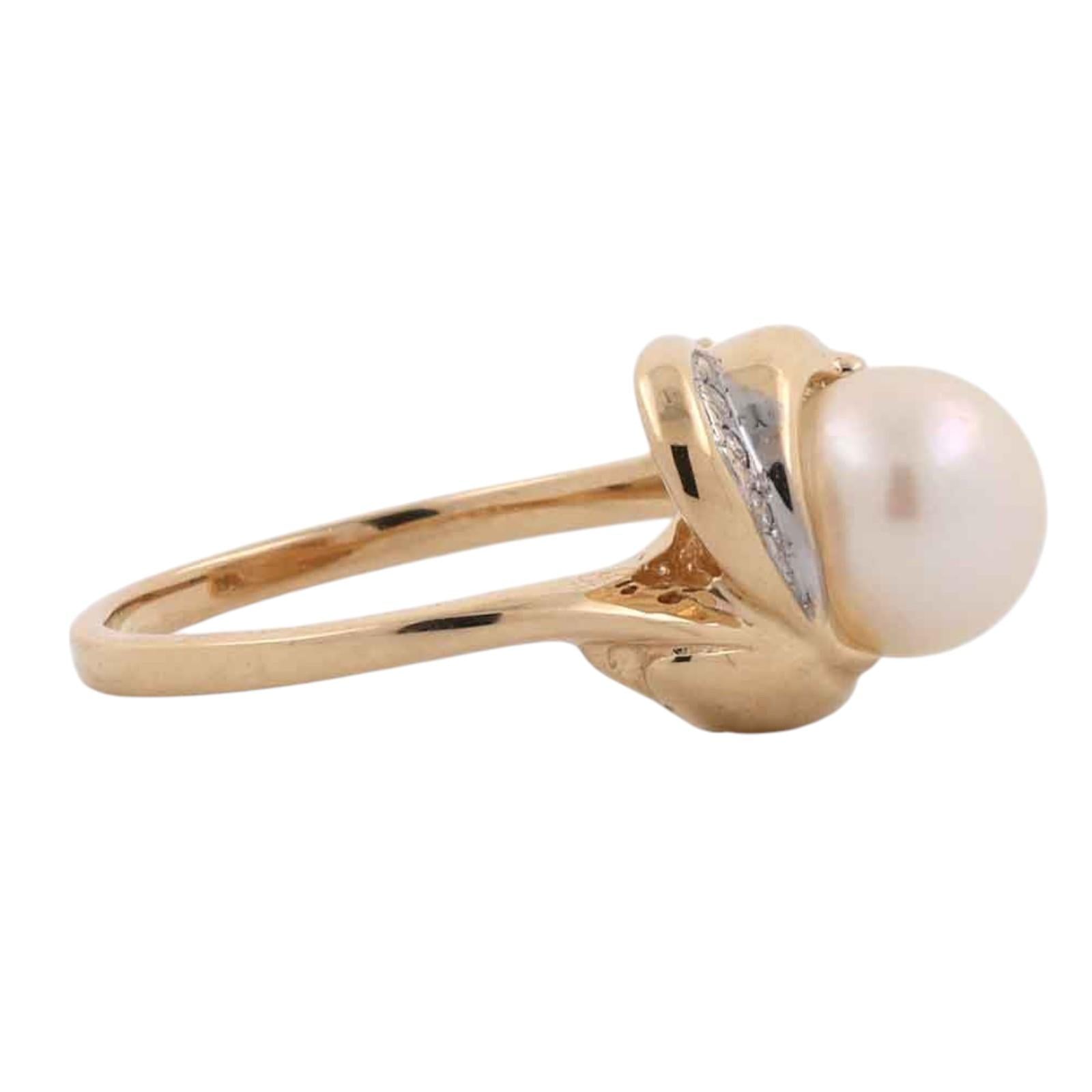 Akoya Pearl Diamond Bypass Ring 14K Two Tone Gold Vintage Size 6