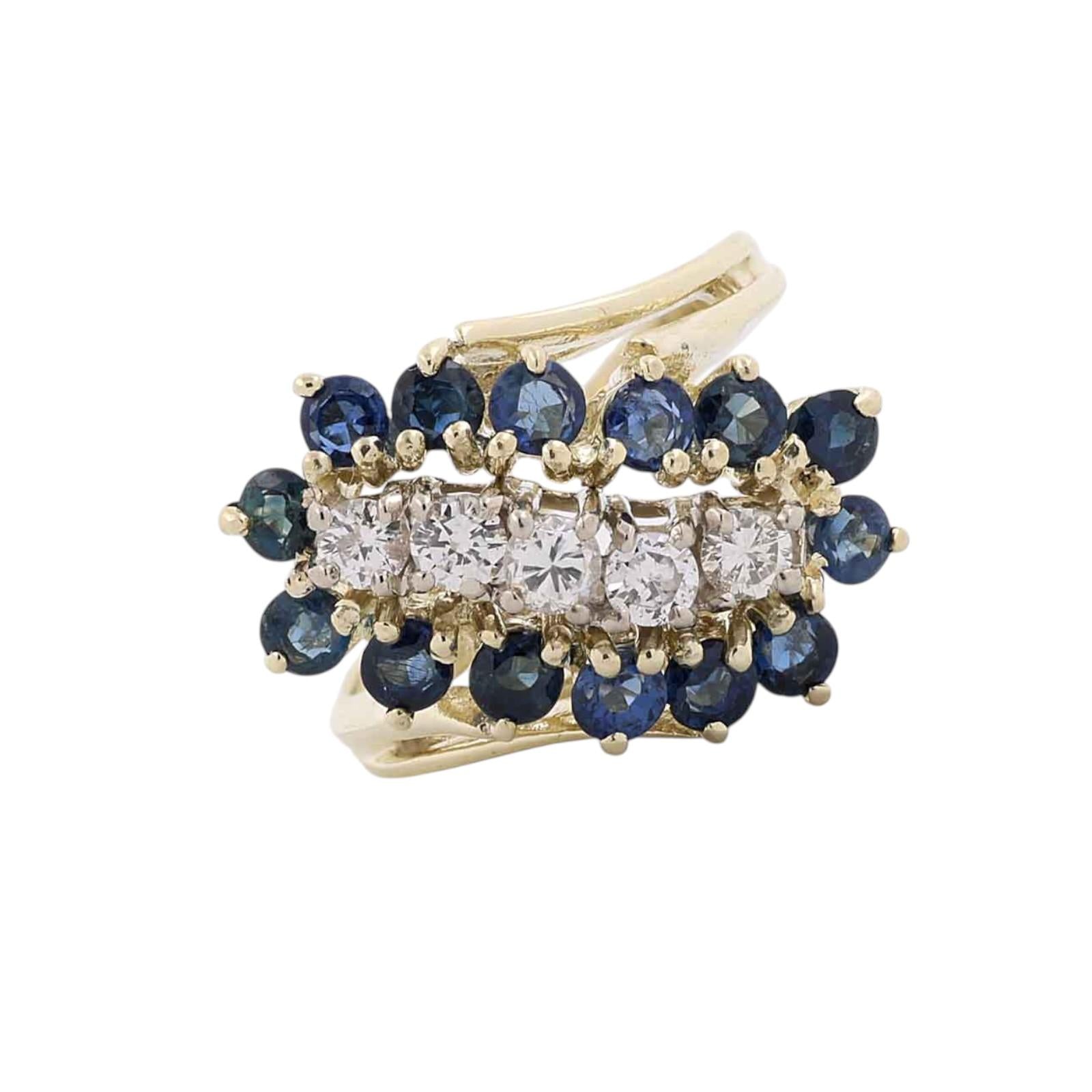 Natural Blue Sapphire Diamond Cluster Ring Yellow Gold Cocktail Size 6.5
