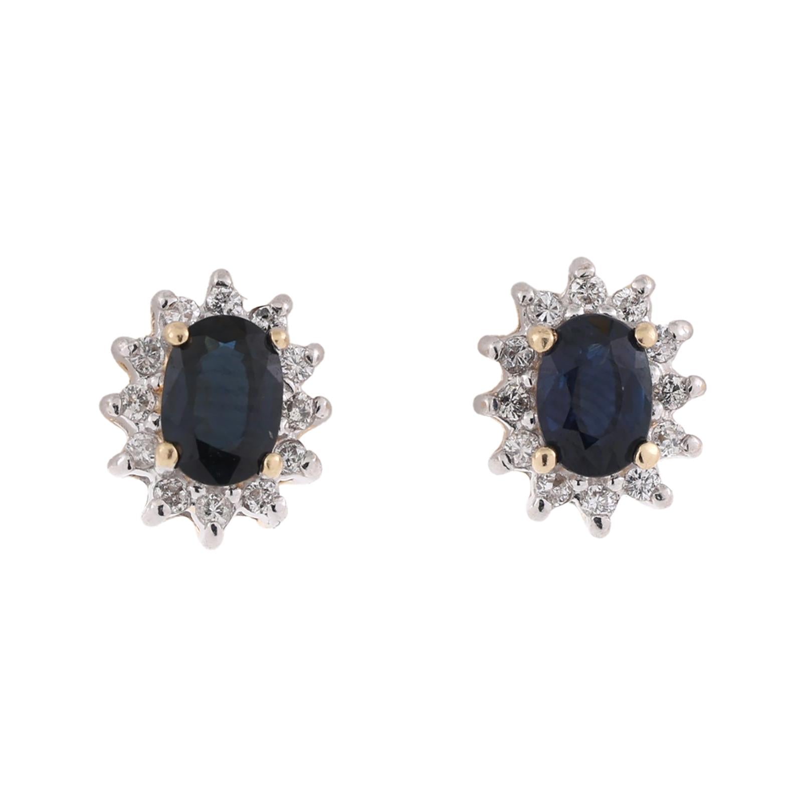 Natural Blue Sapphire Diamond Halo Stud Earrings 14K Two Tone Gold Estate 1.43CT