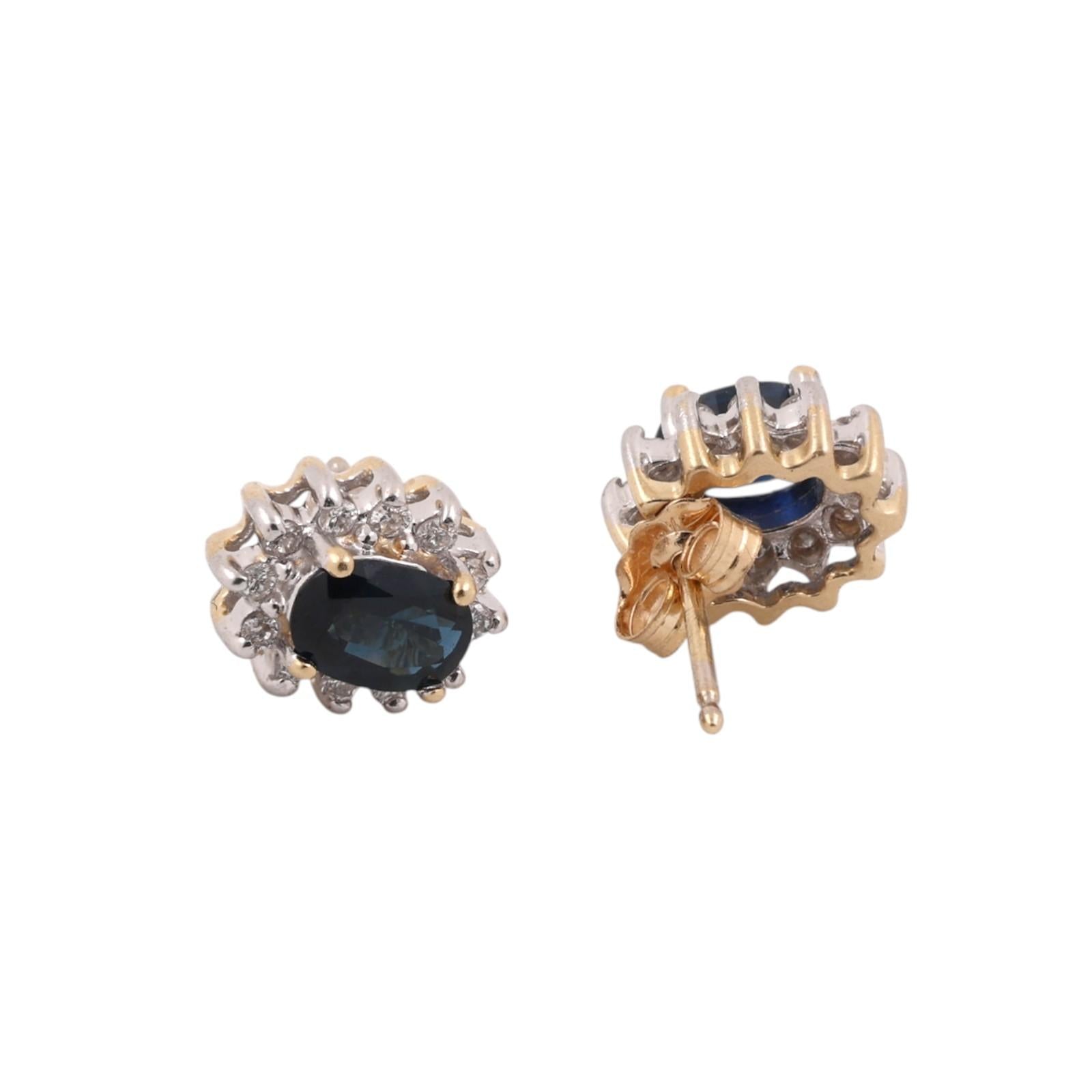 Natural Blue Sapphire Diamond Halo Stud Earrings 14K Two Tone Gold Estate 1.43CT