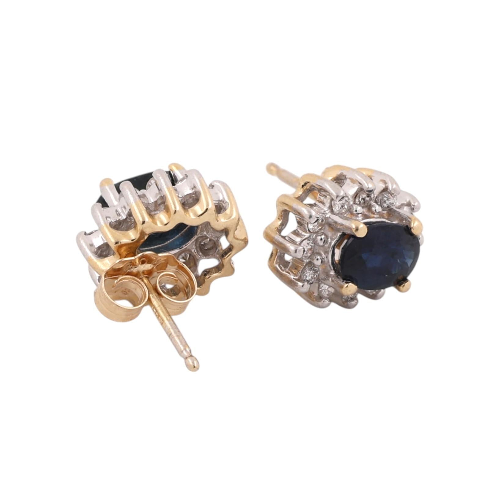 Natural Blue Sapphire Diamond Halo Stud Earrings 14K Two Tone Gold Estate 1.43CT