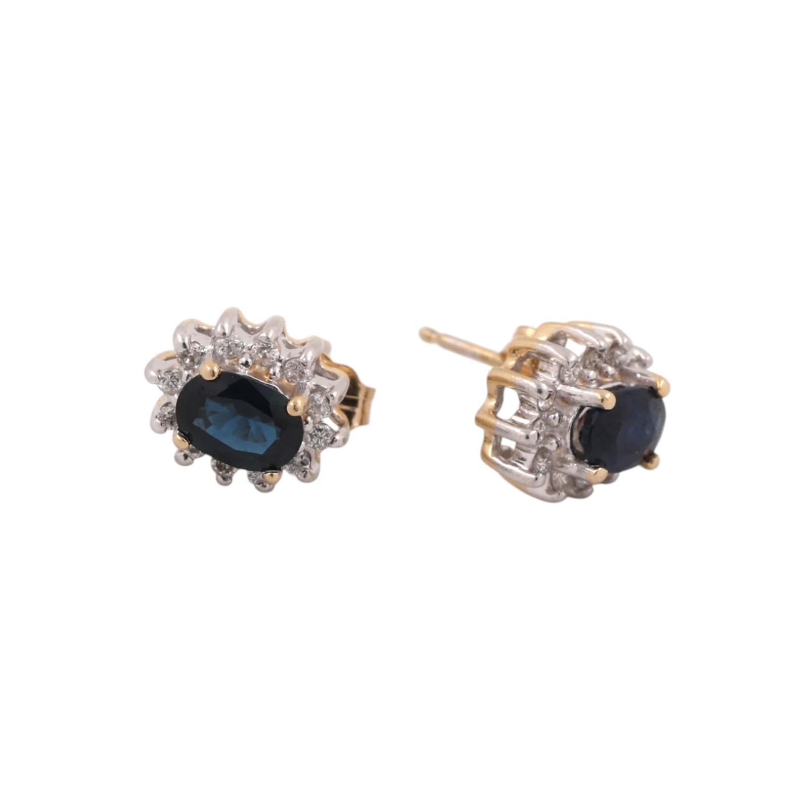 Natural Blue Sapphire Diamond Halo Stud Earrings 14K Two Tone Gold Estate 1.43CT