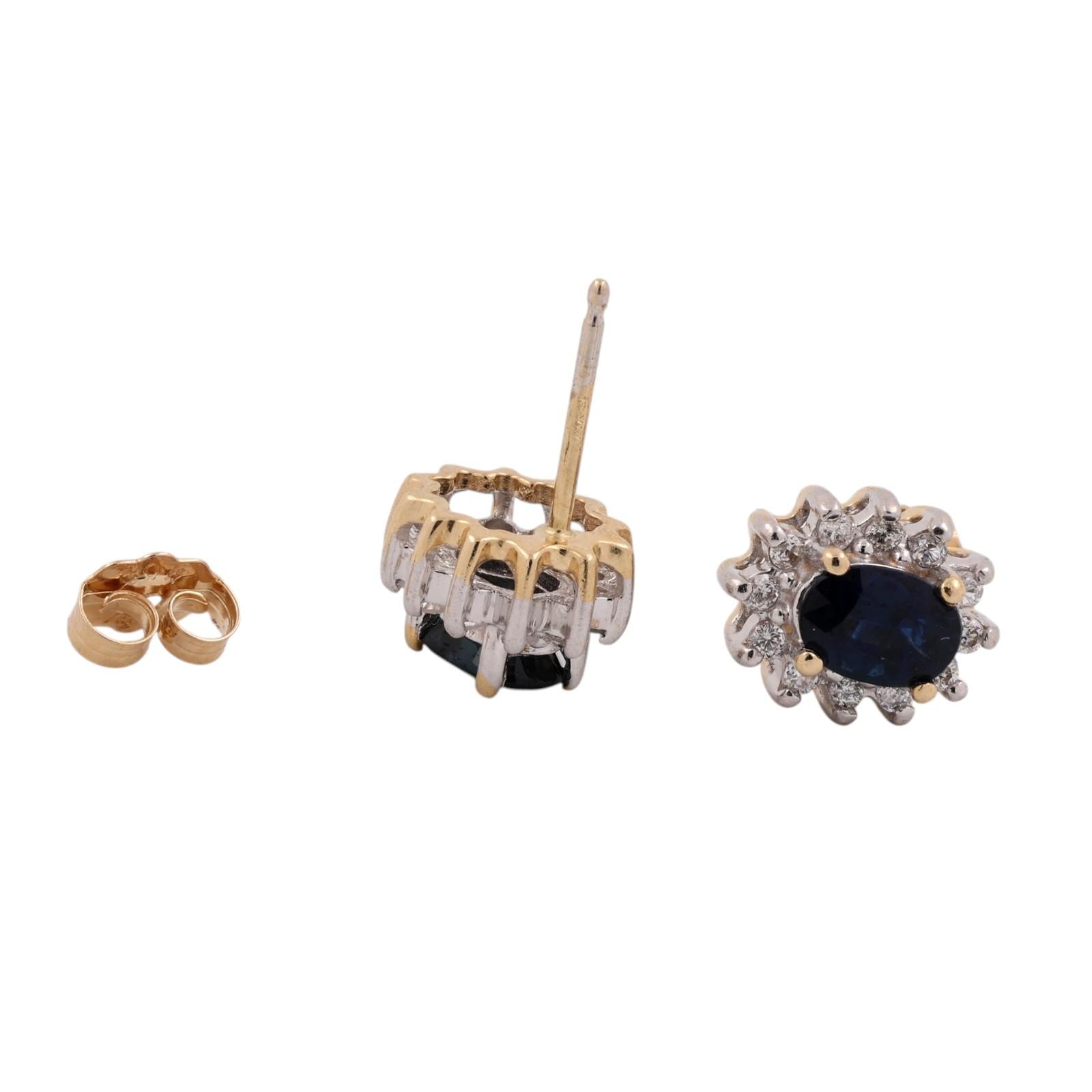 Natural Blue Sapphire Diamond Halo Stud Earrings 14K Two Tone Gold Estate 1.43CT