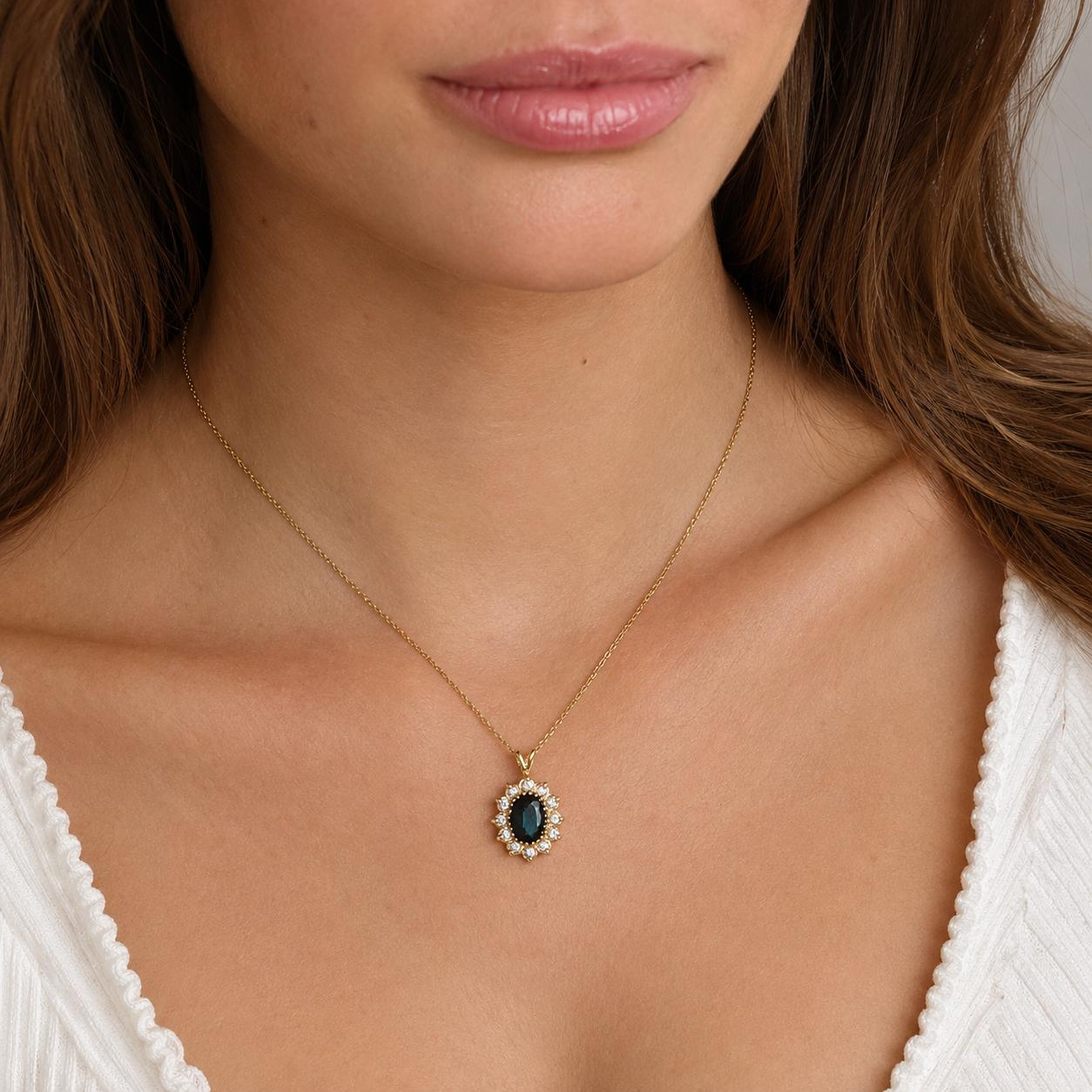 Natural 1.80CTW Blue Sapphire Diamond Halo Pendant Yellow Gold Estate