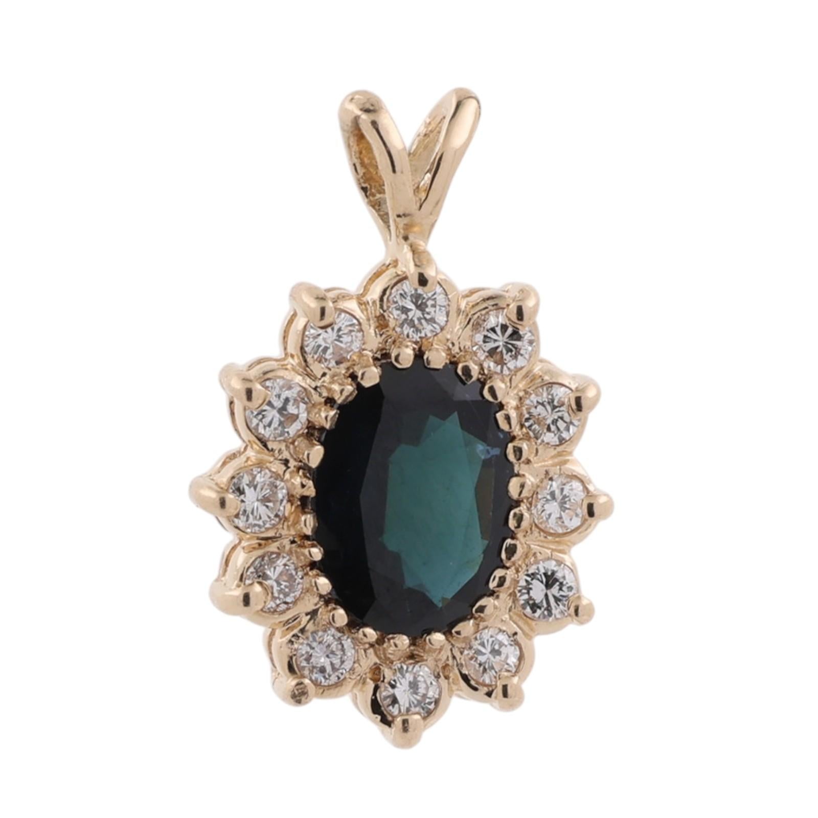 Natural 1.80CTW Blue Sapphire Diamond Halo Pendant Yellow Gold Estate