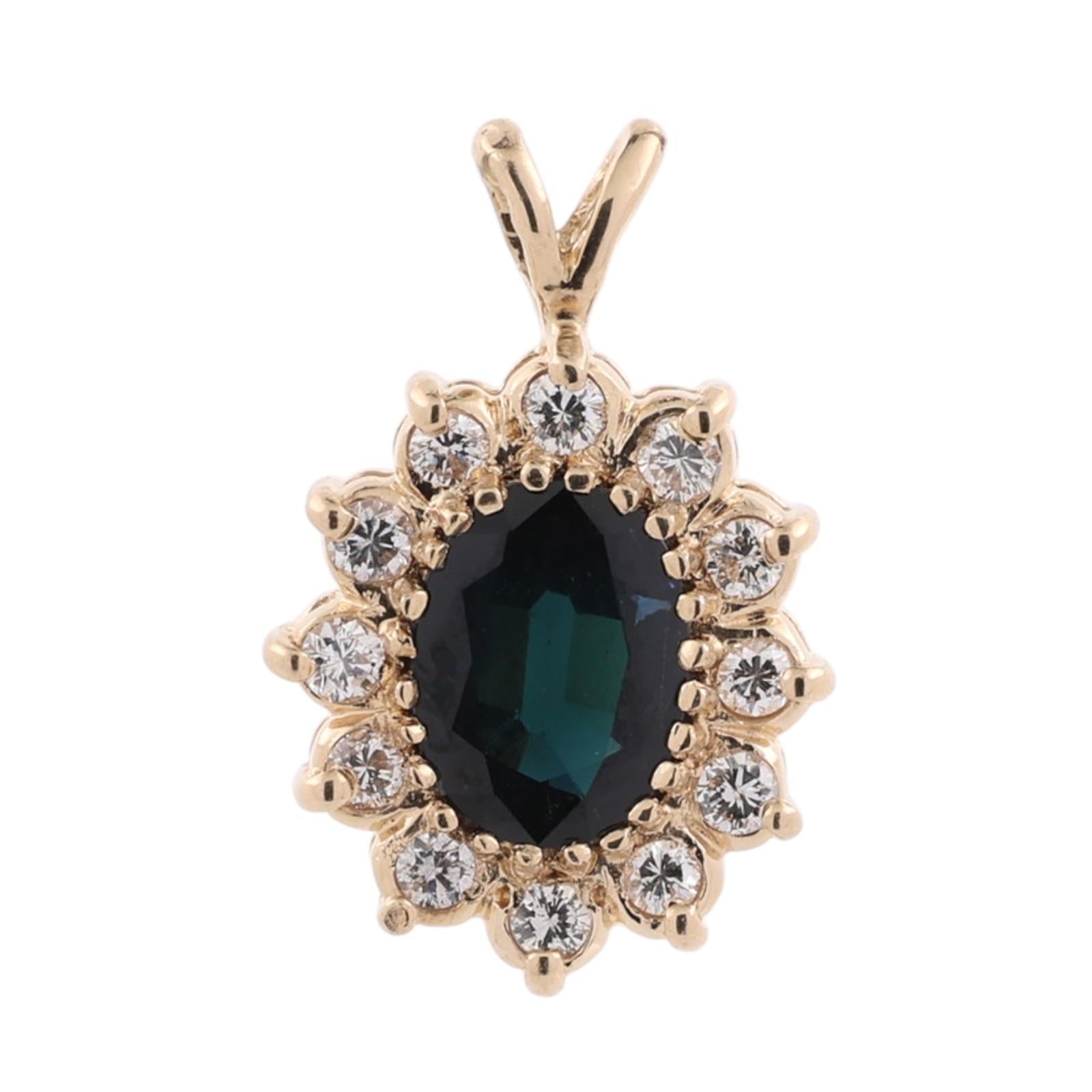 Natural 1.80CTW Blue Sapphire Diamond Halo Pendant Yellow Gold Estate