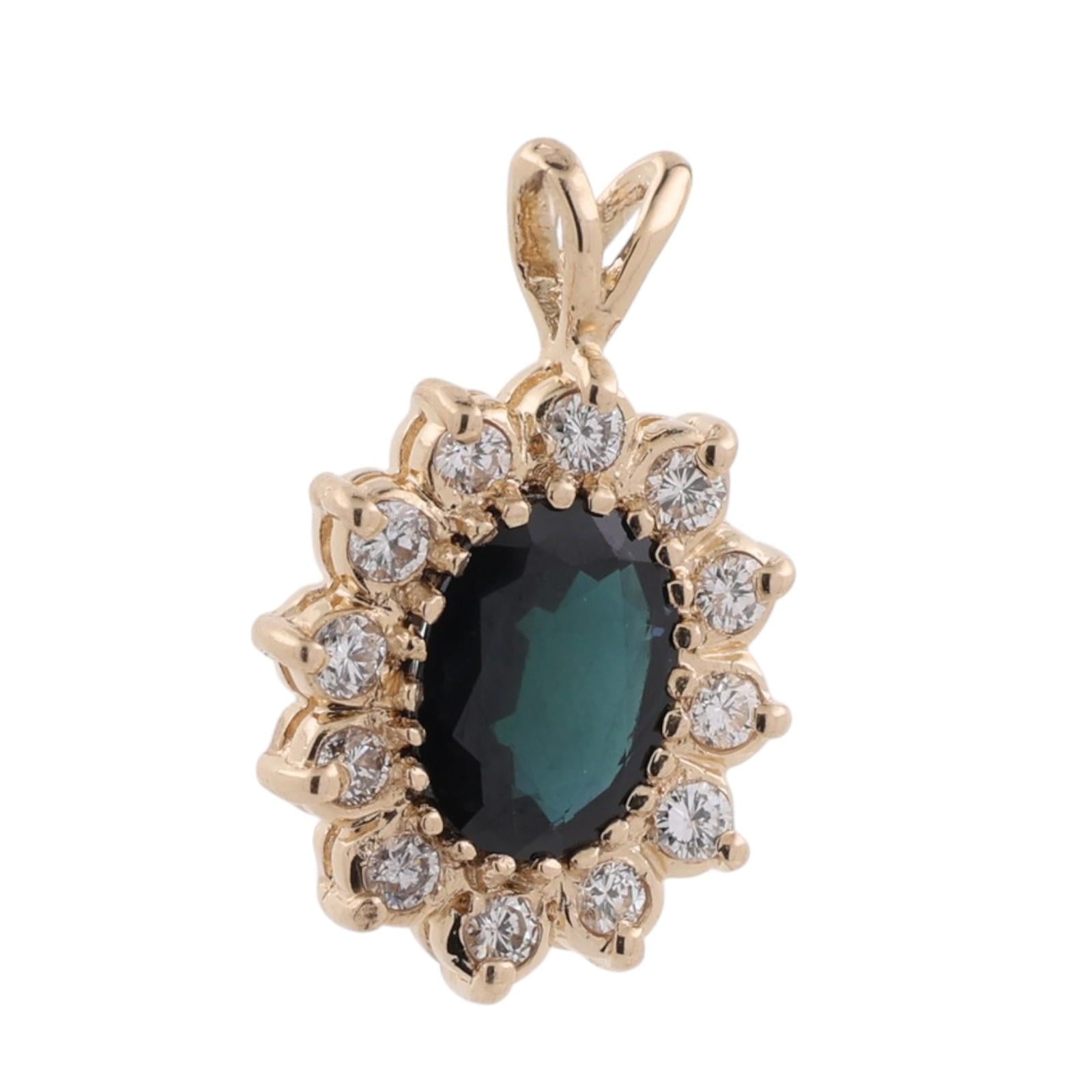 Natural 1.80CTW Blue Sapphire Diamond Halo Pendant Yellow Gold Estate