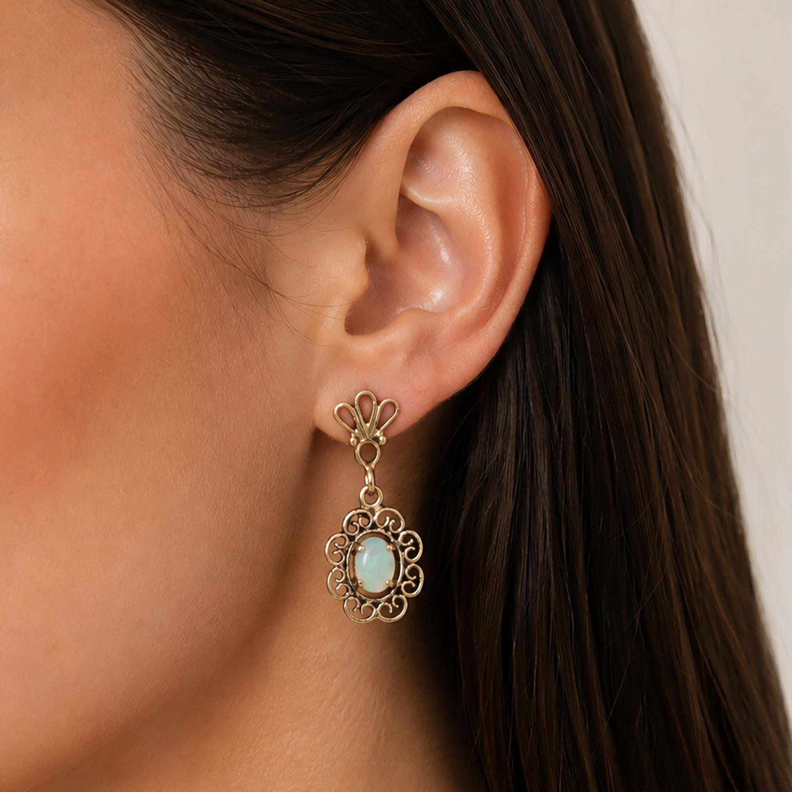 Vintage Natural Opal Filigree Dangle Earrings Yellow Gold Antique Style