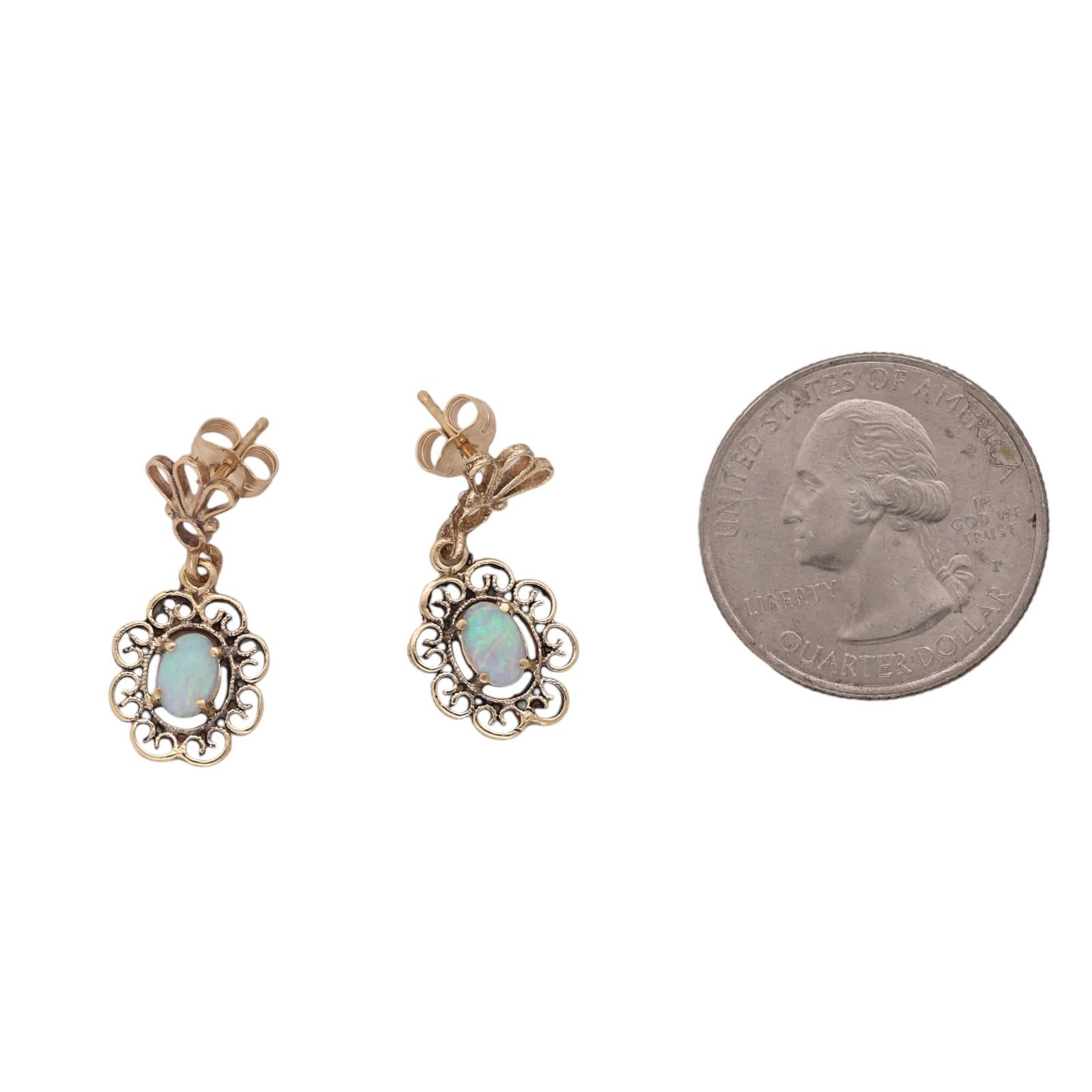 Vintage Natural Opal Filigree Dangle Earrings Yellow Gold Antique Style