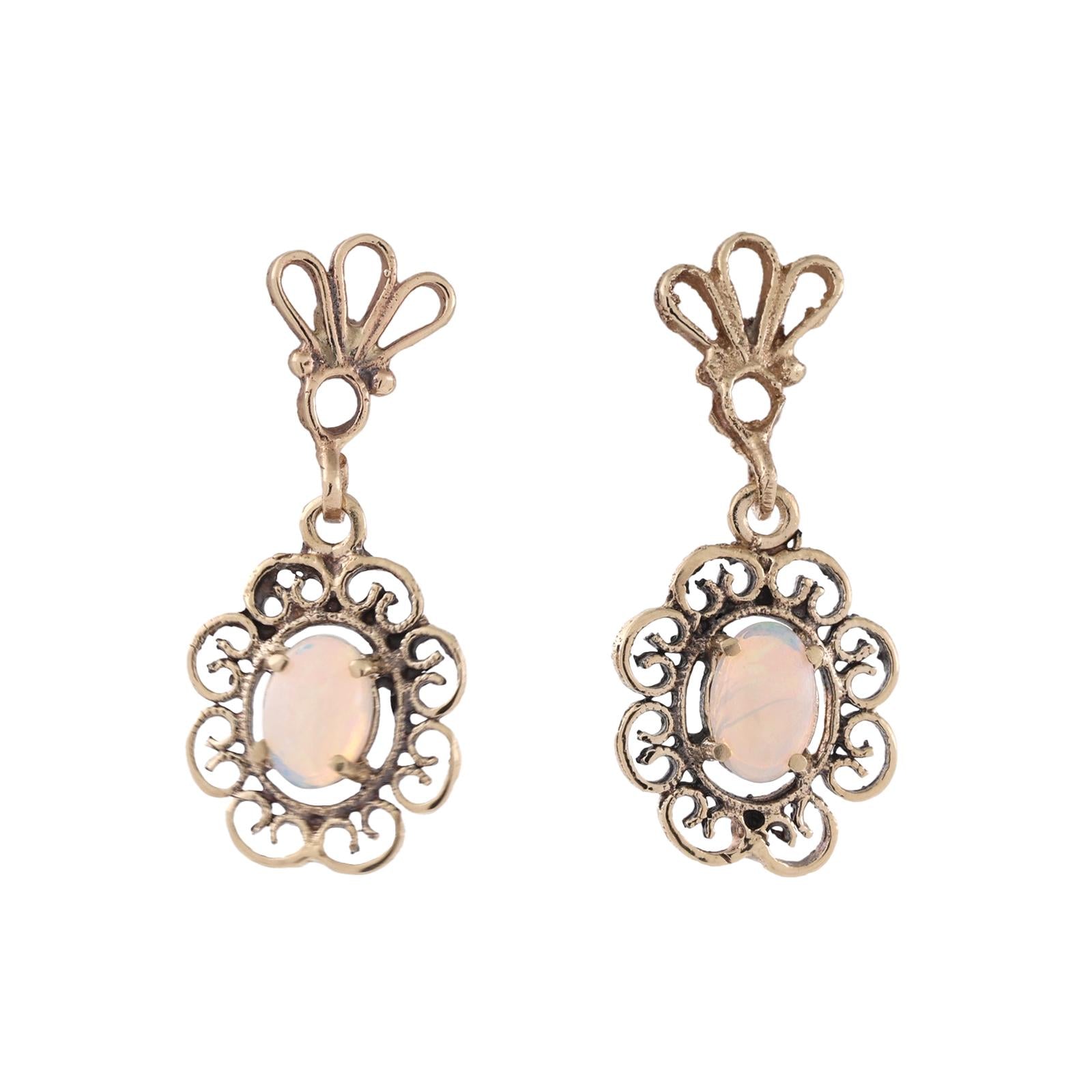 Vintage Natural Opal Filigree Dangle Earrings Yellow Gold Antique Style