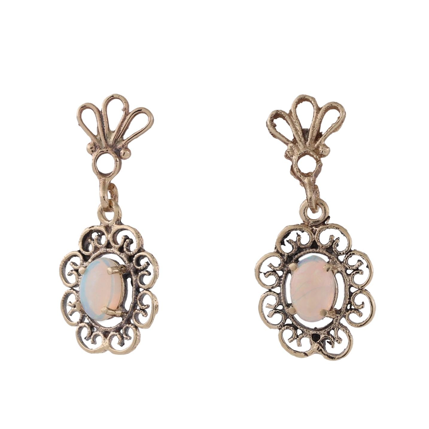 Vintage Natural Opal Filigree Dangle Earrings Yellow Gold Antique Style