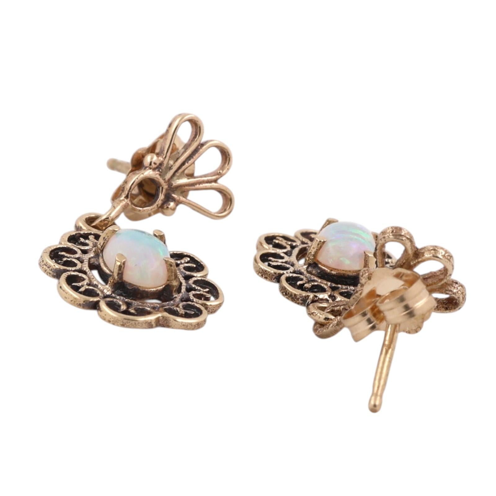 Vintage Natural Opal Filigree Dangle Earrings Yellow Gold Antique Style