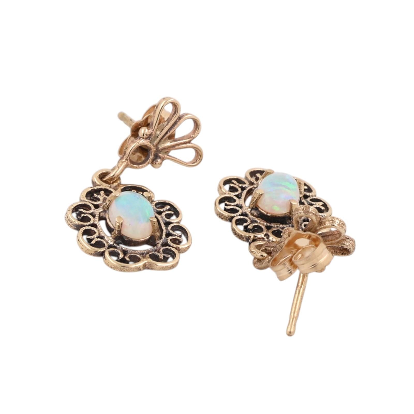 Vintage Natural Opal Filigree Dangle Earrings Yellow Gold Antique Style