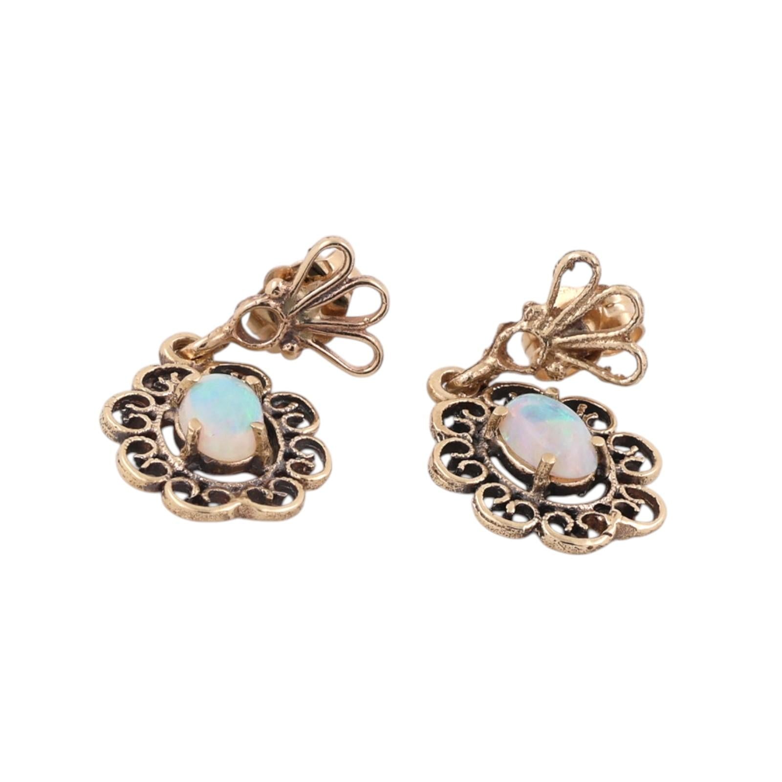 Vintage Natural Opal Filigree Dangle Earrings Yellow Gold Antique Style