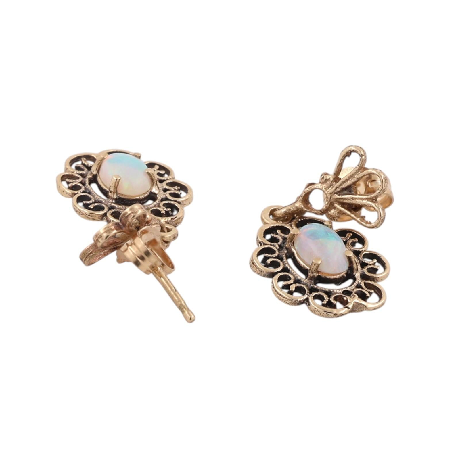 Vintage Natural Opal Filigree Dangle Earrings Yellow Gold Antique Style