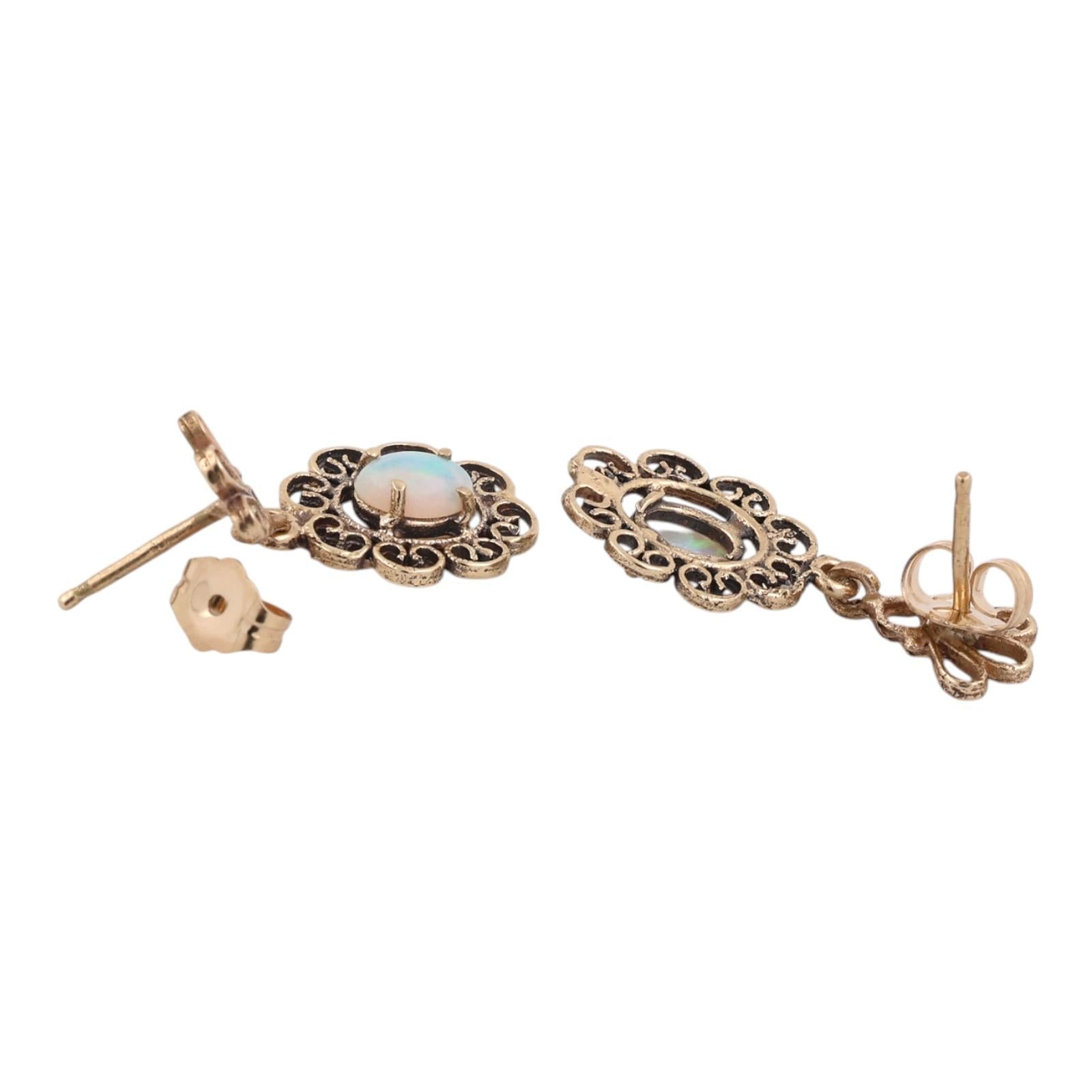 Vintage Natural Opal Filigree Dangle Earrings Yellow Gold Antique Style