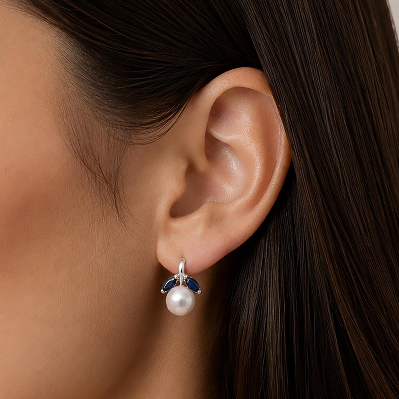 Natural Akoya Pearl Blue Sapphire Stud Earrings 14K White Gold Marquise 0.32CTW