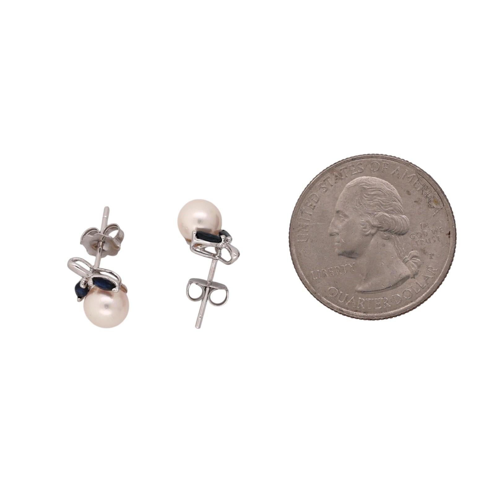 Natural Akoya Pearl Blue Sapphire Stud Earrings 14K White Gold Marquise 0.32CTW