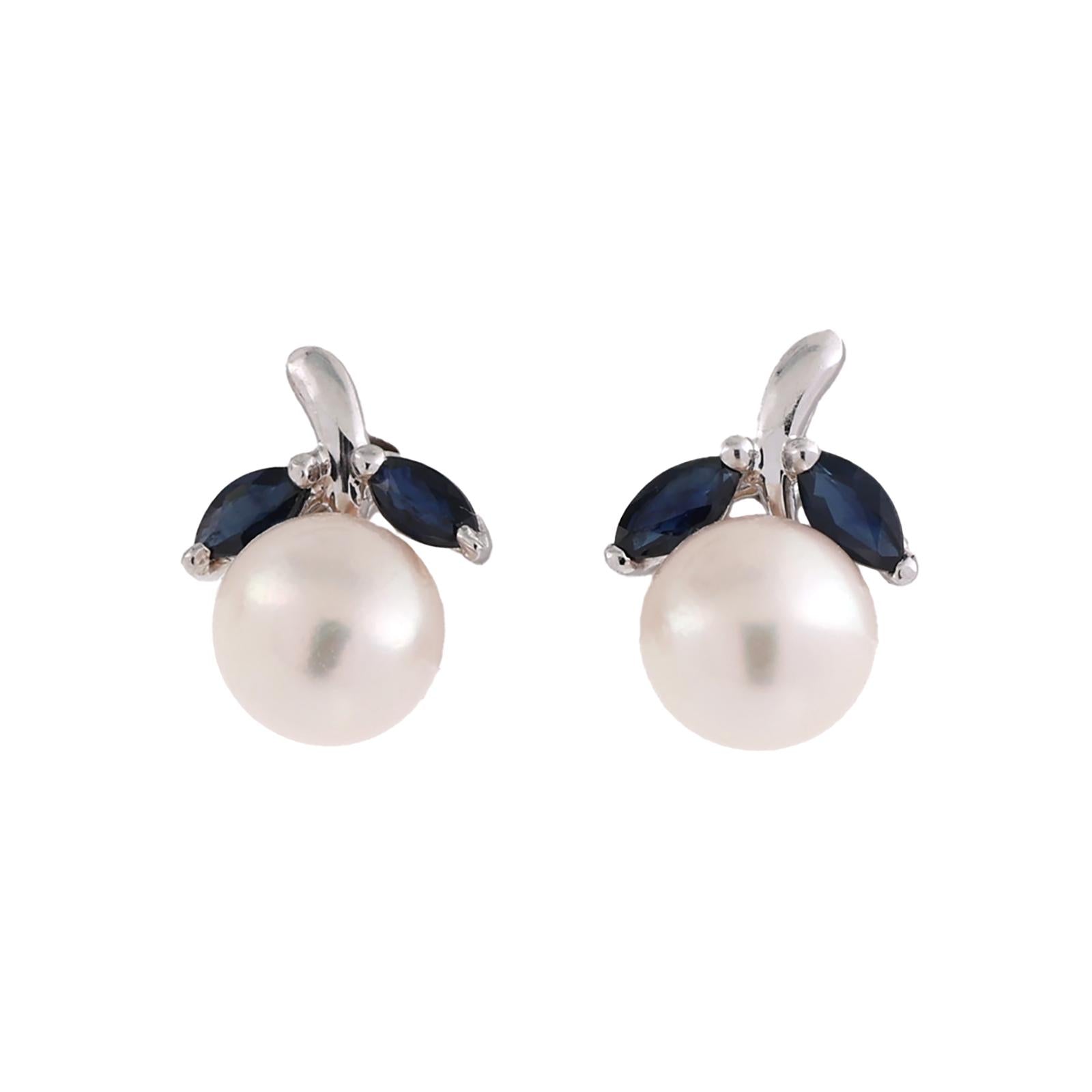 Natural Akoya Pearl Blue Sapphire Stud Earrings 14K White Gold Marquise 0.32CTW