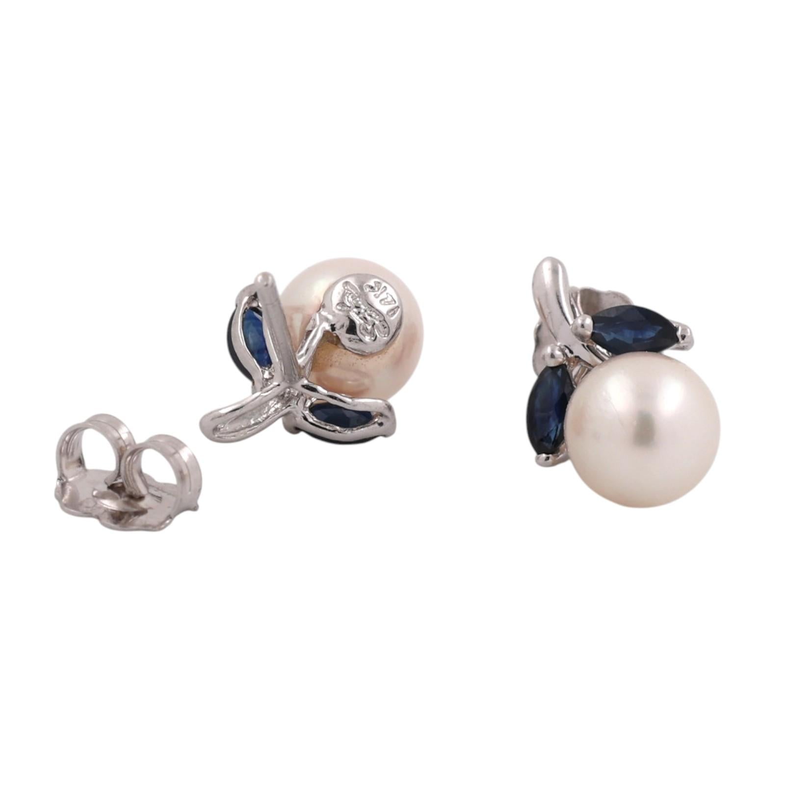 Natural Akoya Pearl Blue Sapphire Stud Earrings 14K White Gold Marquise 0.32CTW
