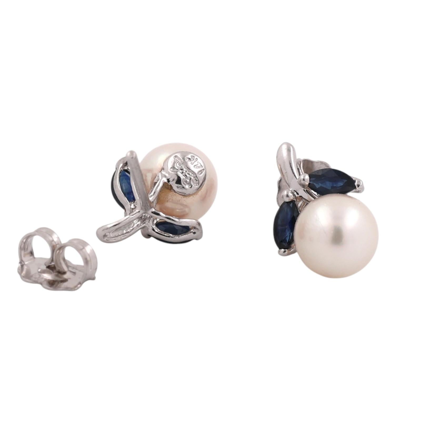Natural Akoya Pearl Blue Sapphire Stud Earrings 14K White Gold Marquise 0.32CTW