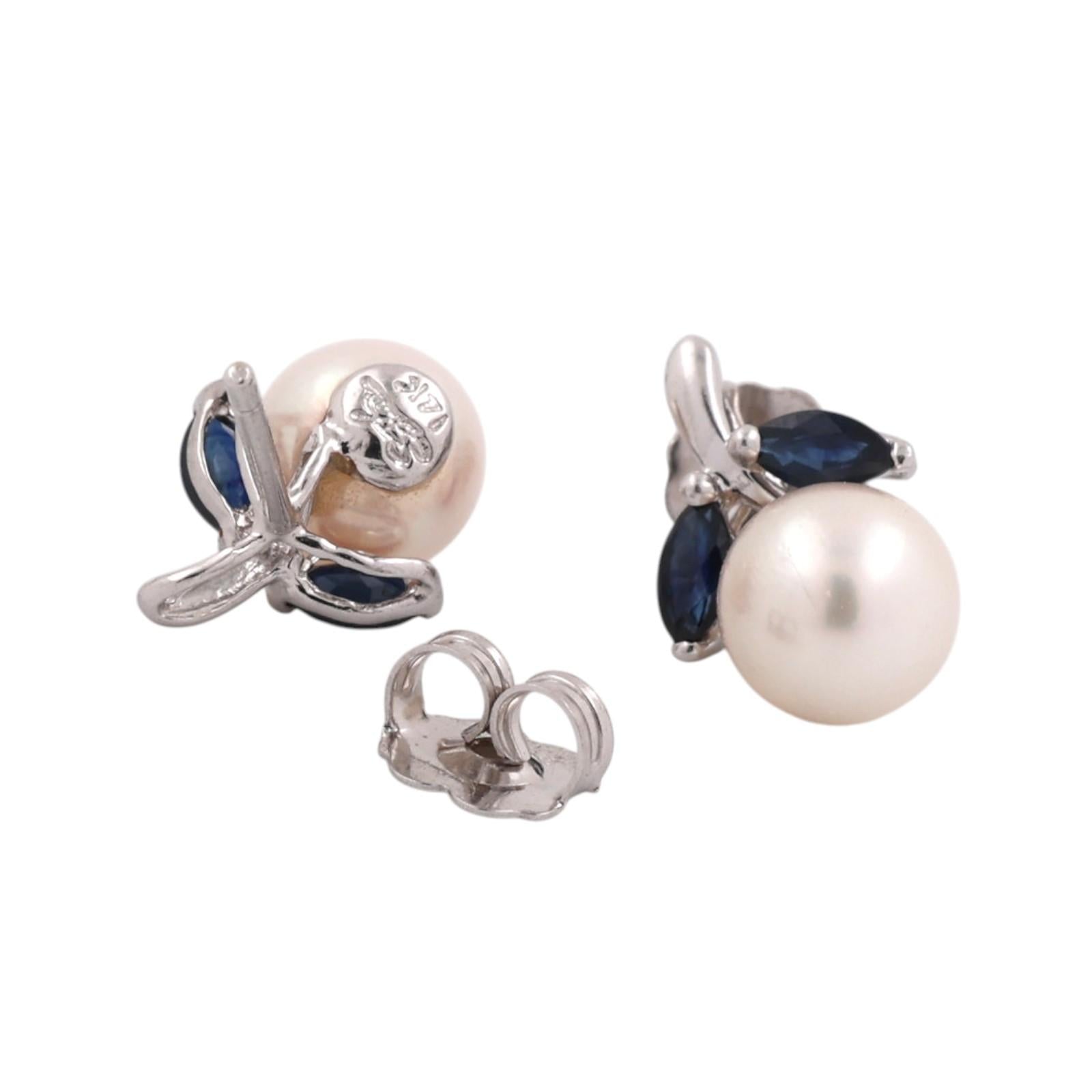 Natural Akoya Pearl Blue Sapphire Stud Earrings 14K White Gold Marquise 0.32CTW