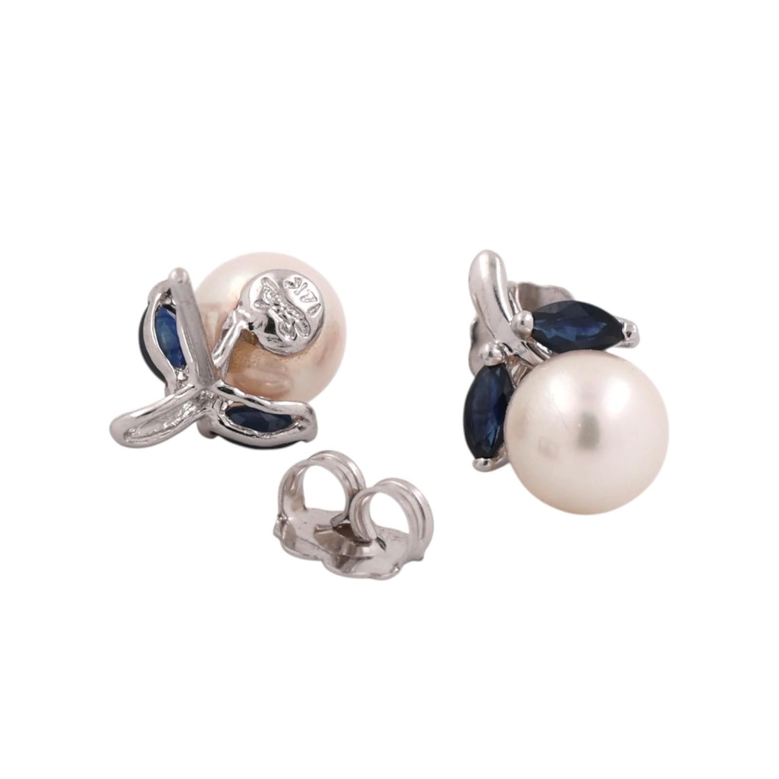 Natural Akoya Pearl Blue Sapphire Stud Earrings 14K White Gold Marquise 0.32CTW
