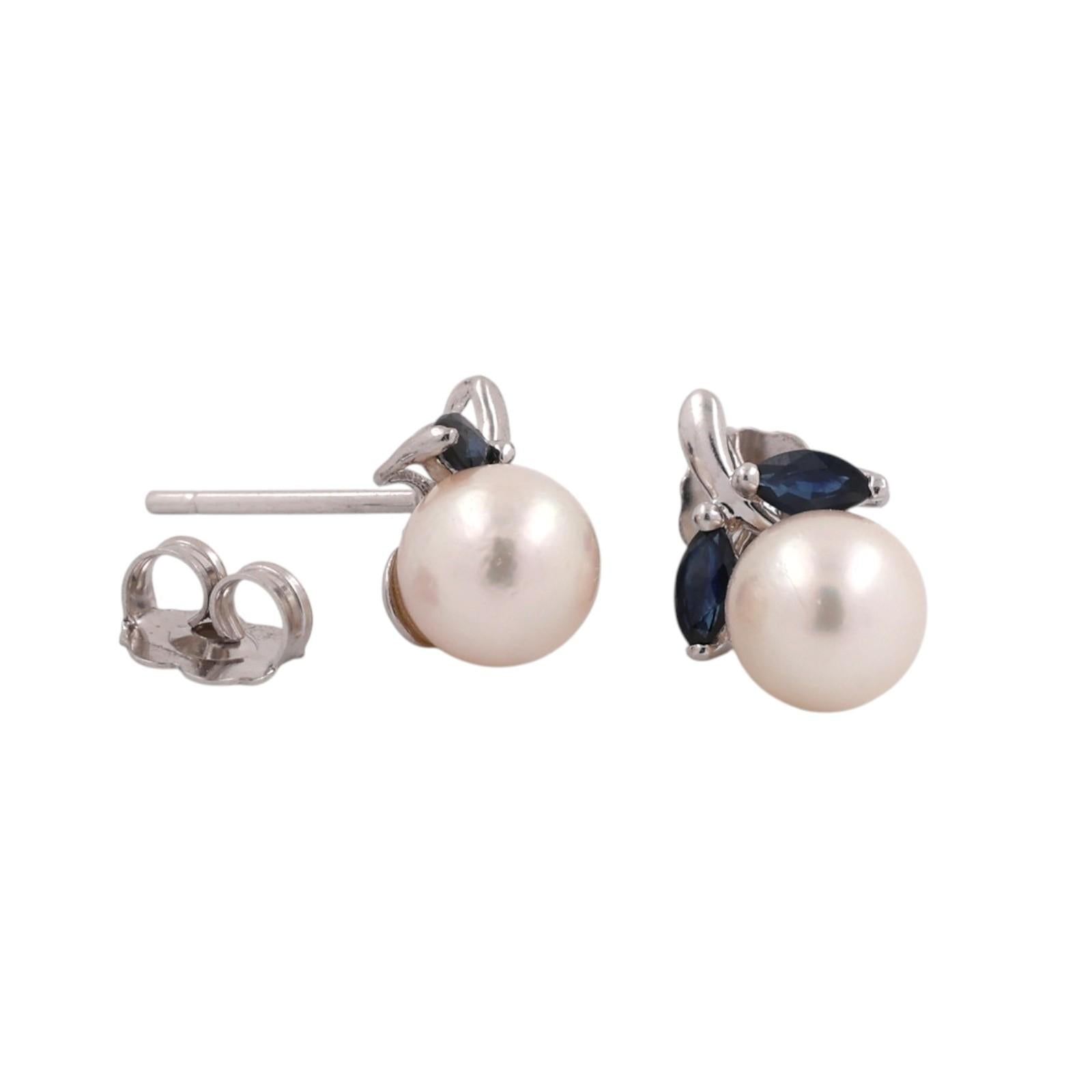 Natural Akoya Pearl Blue Sapphire Stud Earrings 14K White Gold Marquise 0.32CTW