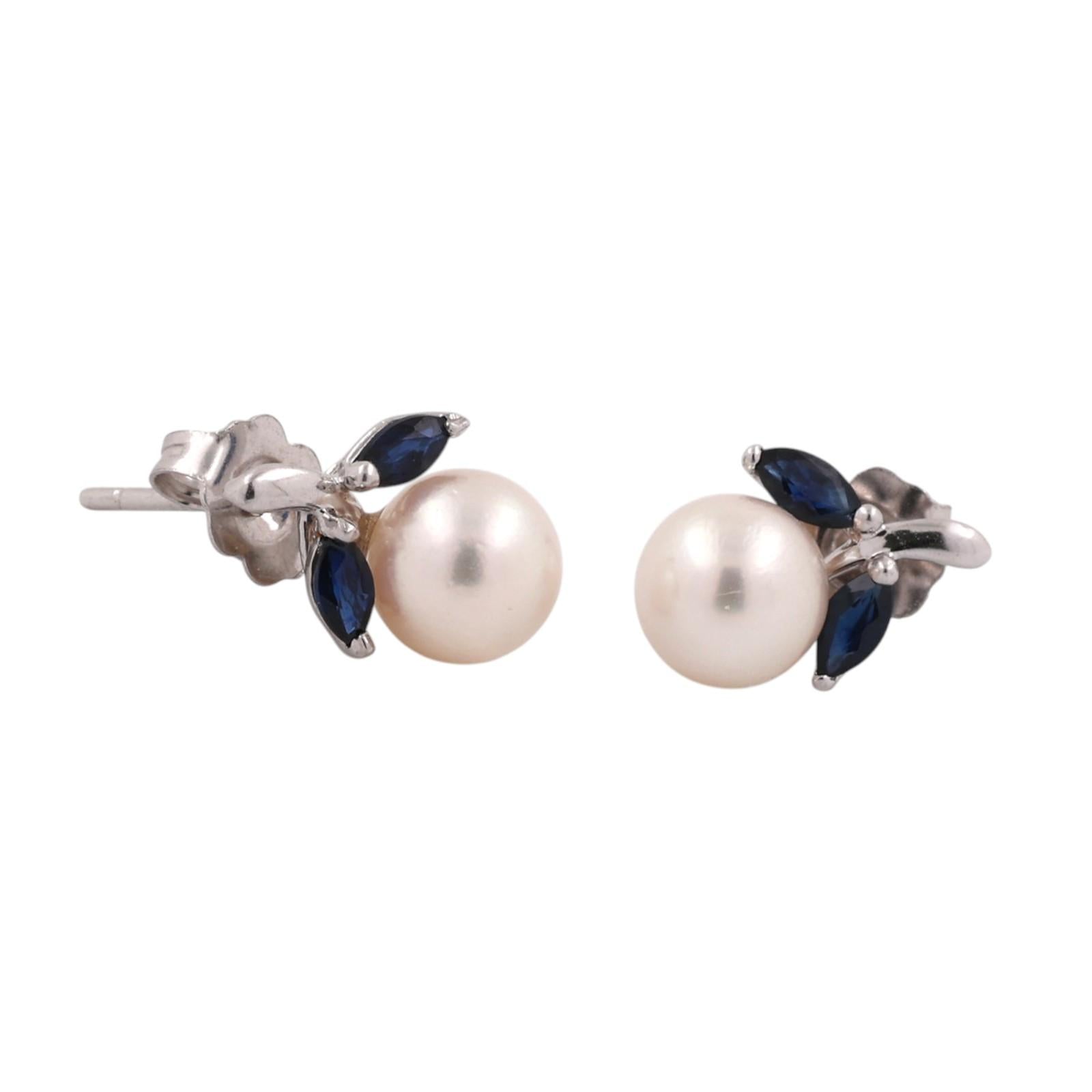Natural Akoya Pearl Blue Sapphire Stud Earrings 14K White Gold Marquise 0.32CTW