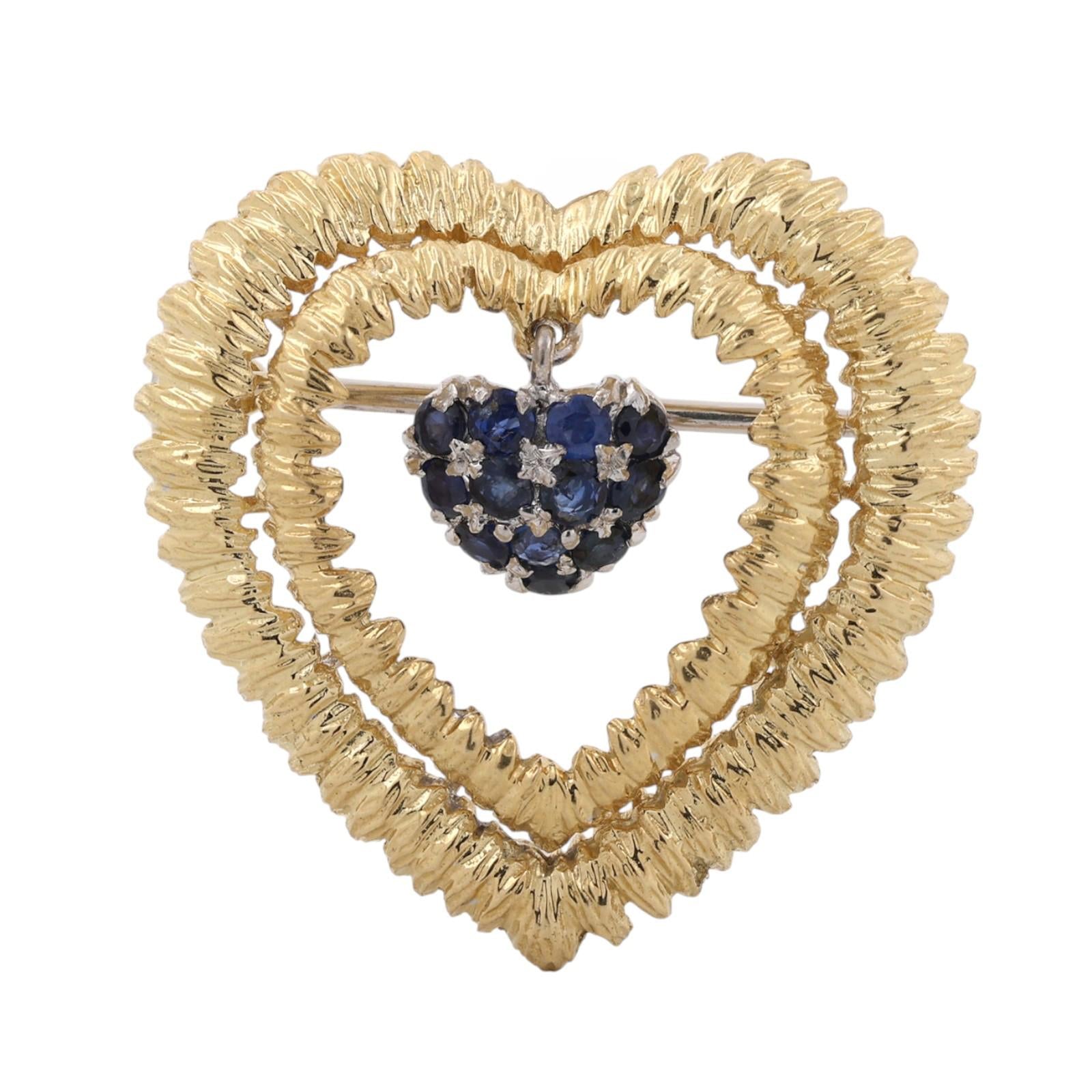 Vintage Tiffany & Co. 18K Gold Blue Sapphire Heart Brooch Pin Italy 12.5g