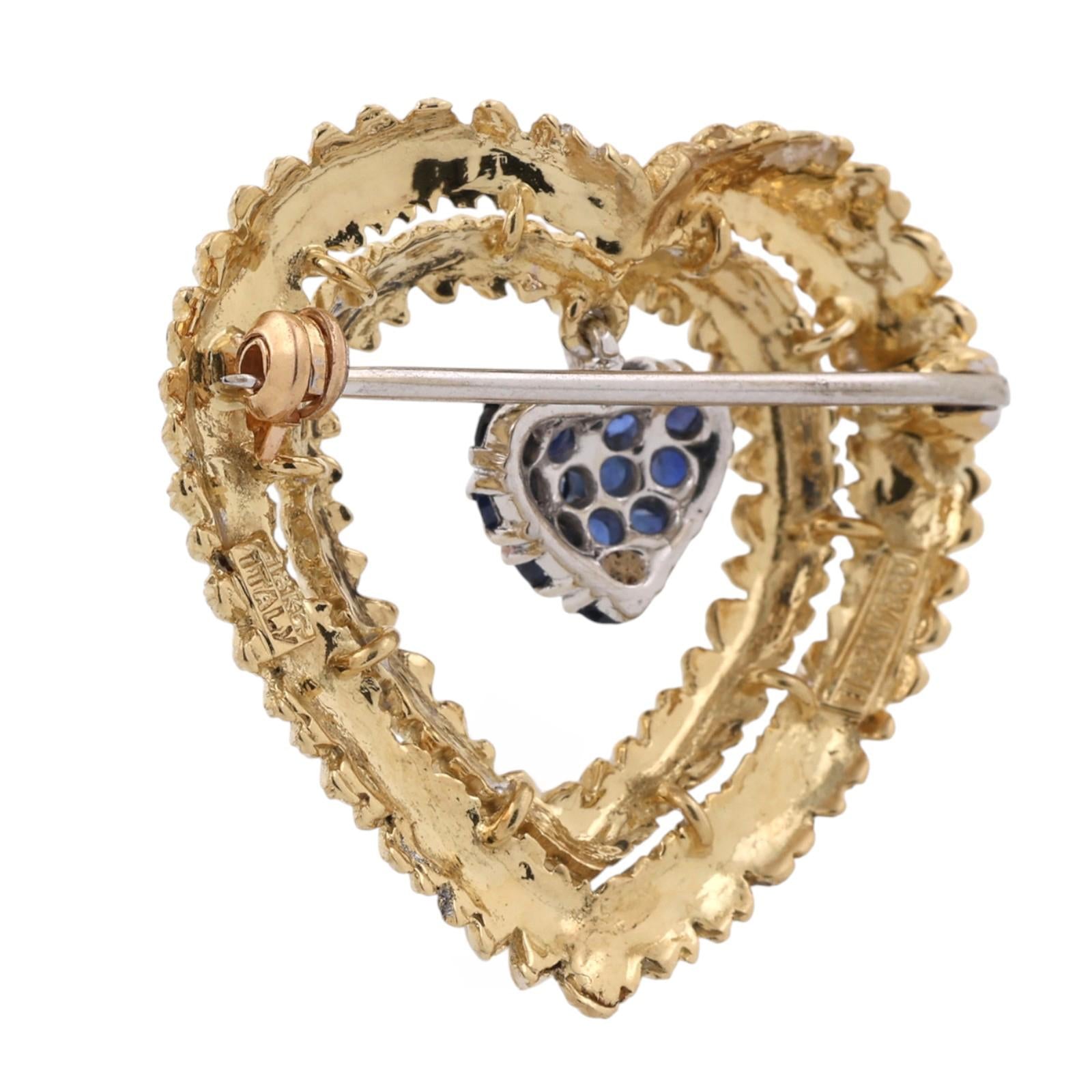 Vintage Tiffany & Co. 18K Gold Blue Sapphire Heart Brooch Pin Italy 12.5g
