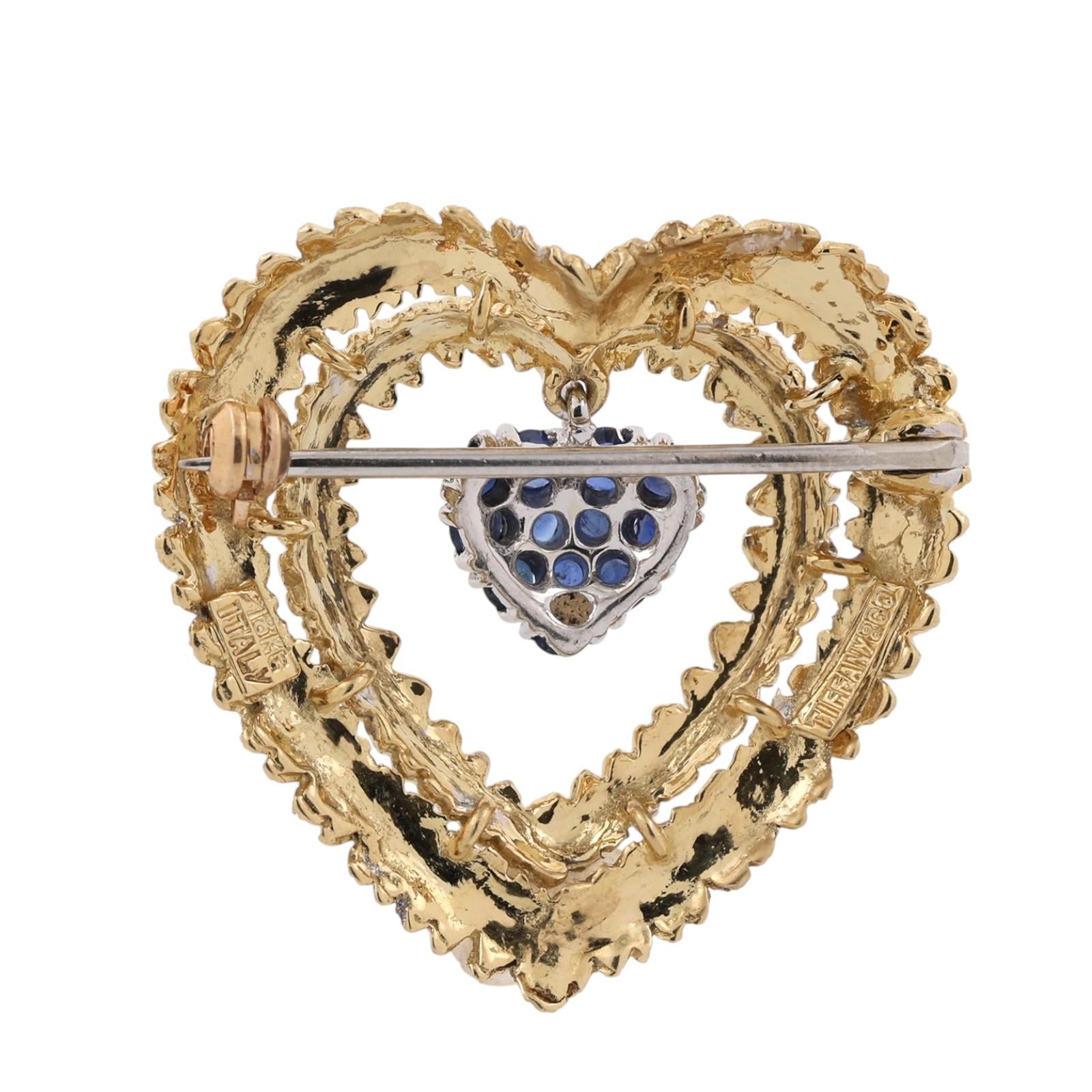 Vintage Tiffany & Co. 18K Gold Blue Sapphire Heart Brooch Pin Italy 12.5g