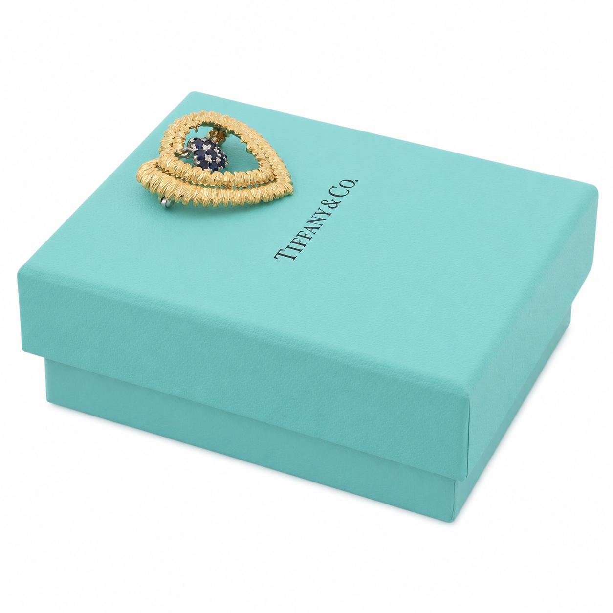 Vintage Tiffany & Co. 18K Gold Blue Sapphire Heart Brooch Pin Italy 12.5g
