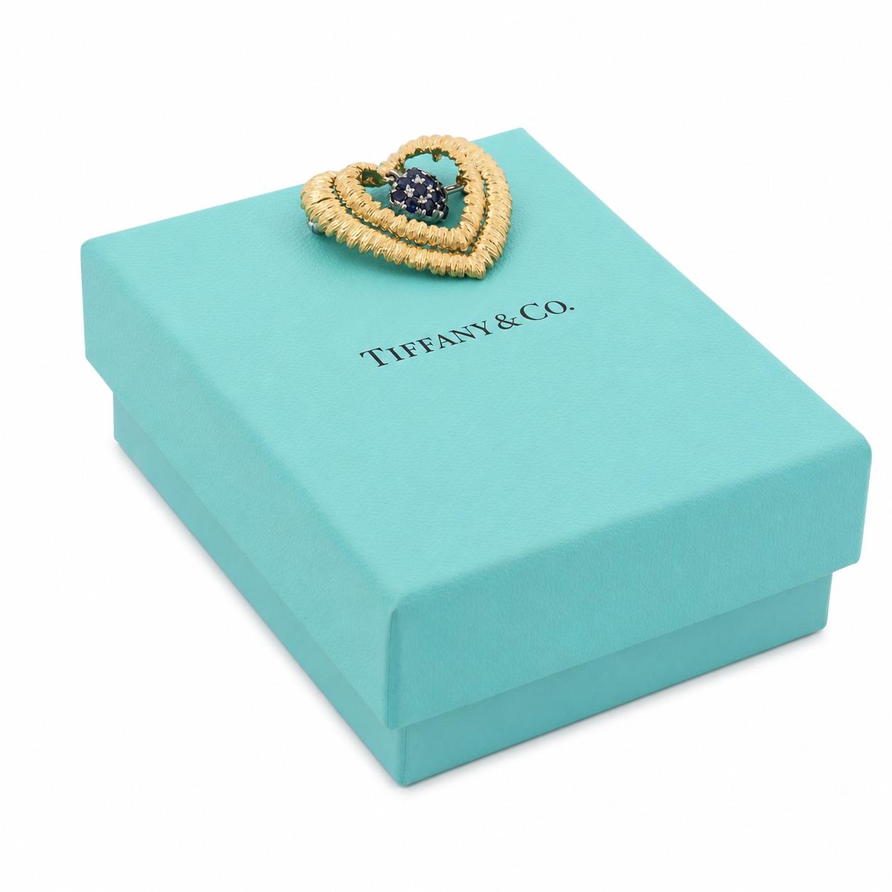 Vintage Tiffany & Co. 18K Gold Blue Sapphire Heart Brooch Pin Italy 12.5g