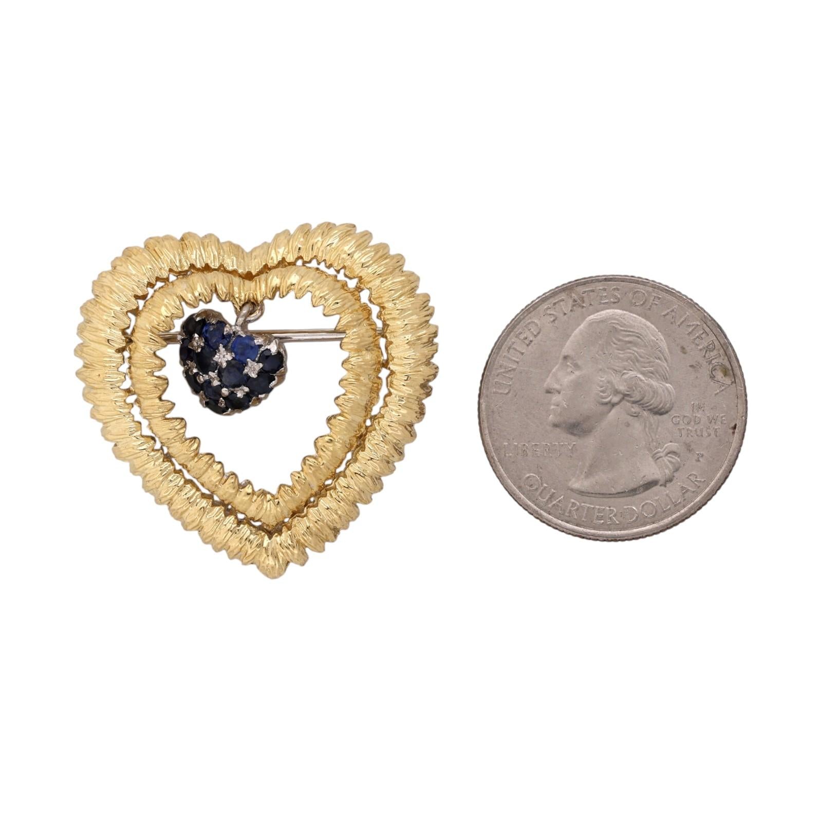 Vintage Tiffany & Co. 18K Gold Blue Sapphire Heart Brooch Pin Italy 12.5g