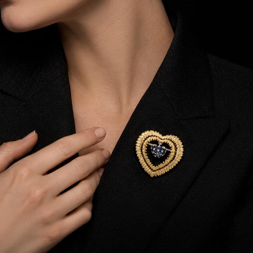 Vintage Tiffany & Co. 18K Gold Blue Sapphire Heart Brooch Pin Italy 12.5g