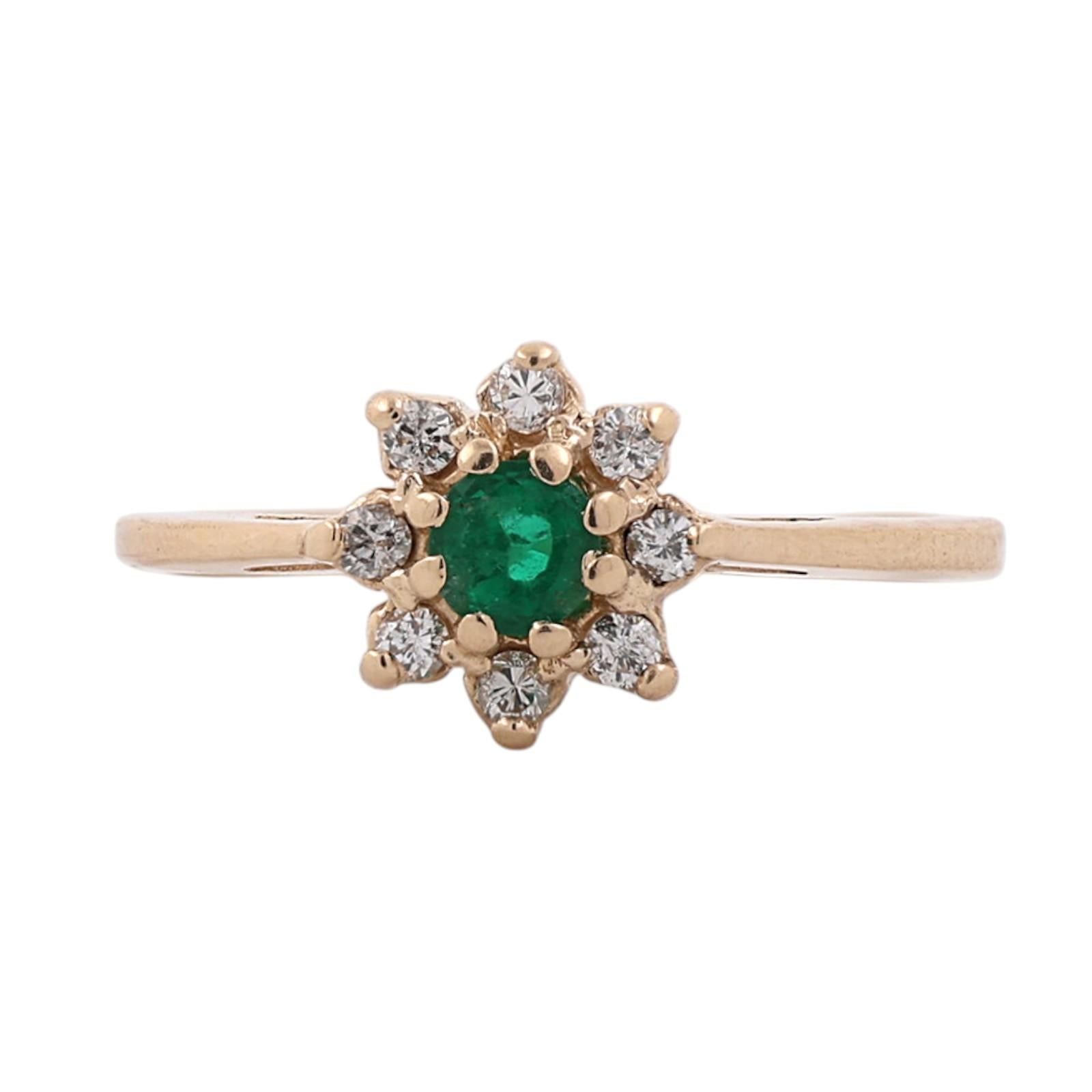 Natural Emerald Diamond Halo Cluster Flower Ring 14K Yellow Gold Size 6.5