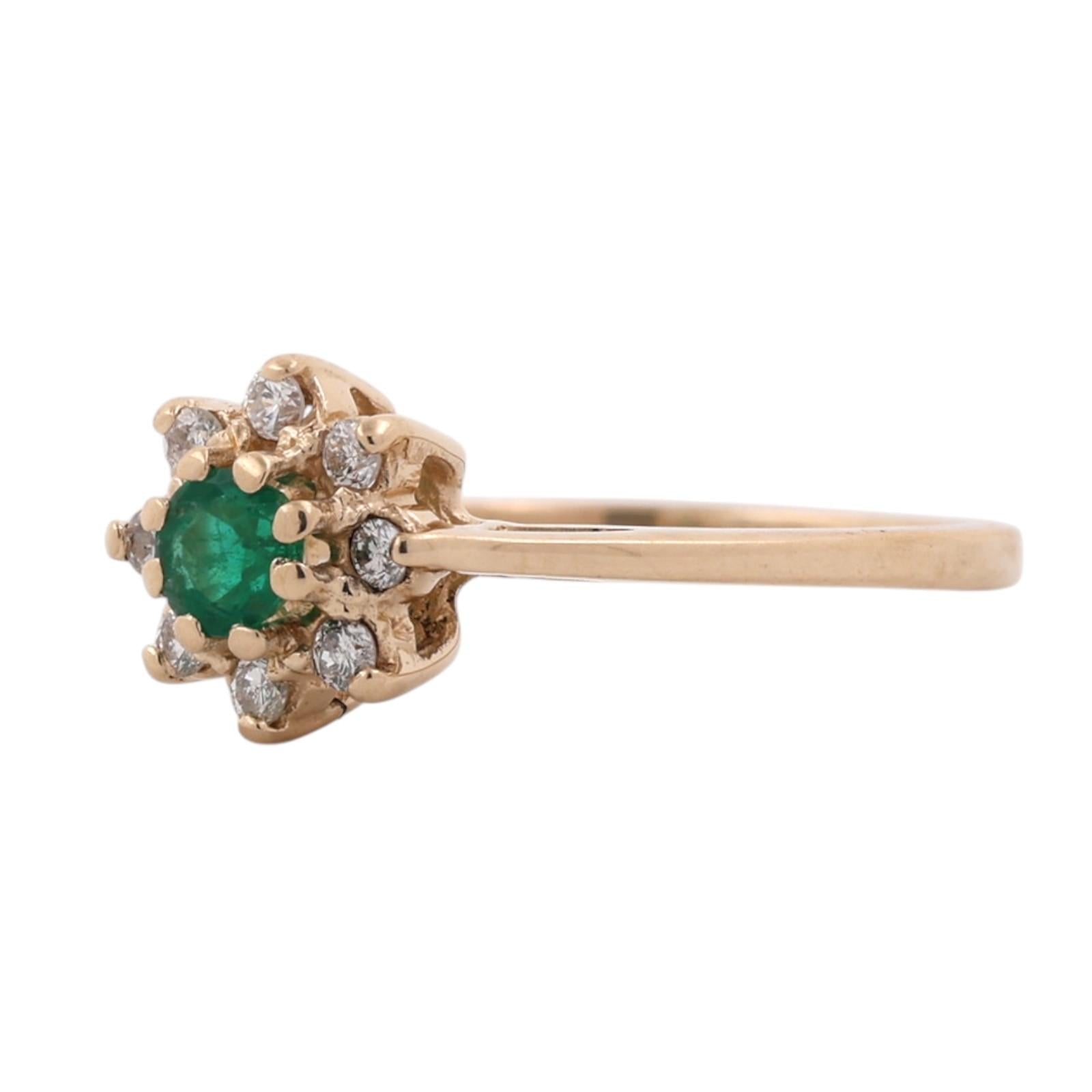 Natural Emerald Diamond Halo Cluster Flower Ring 14K Yellow Gold Size 6.5