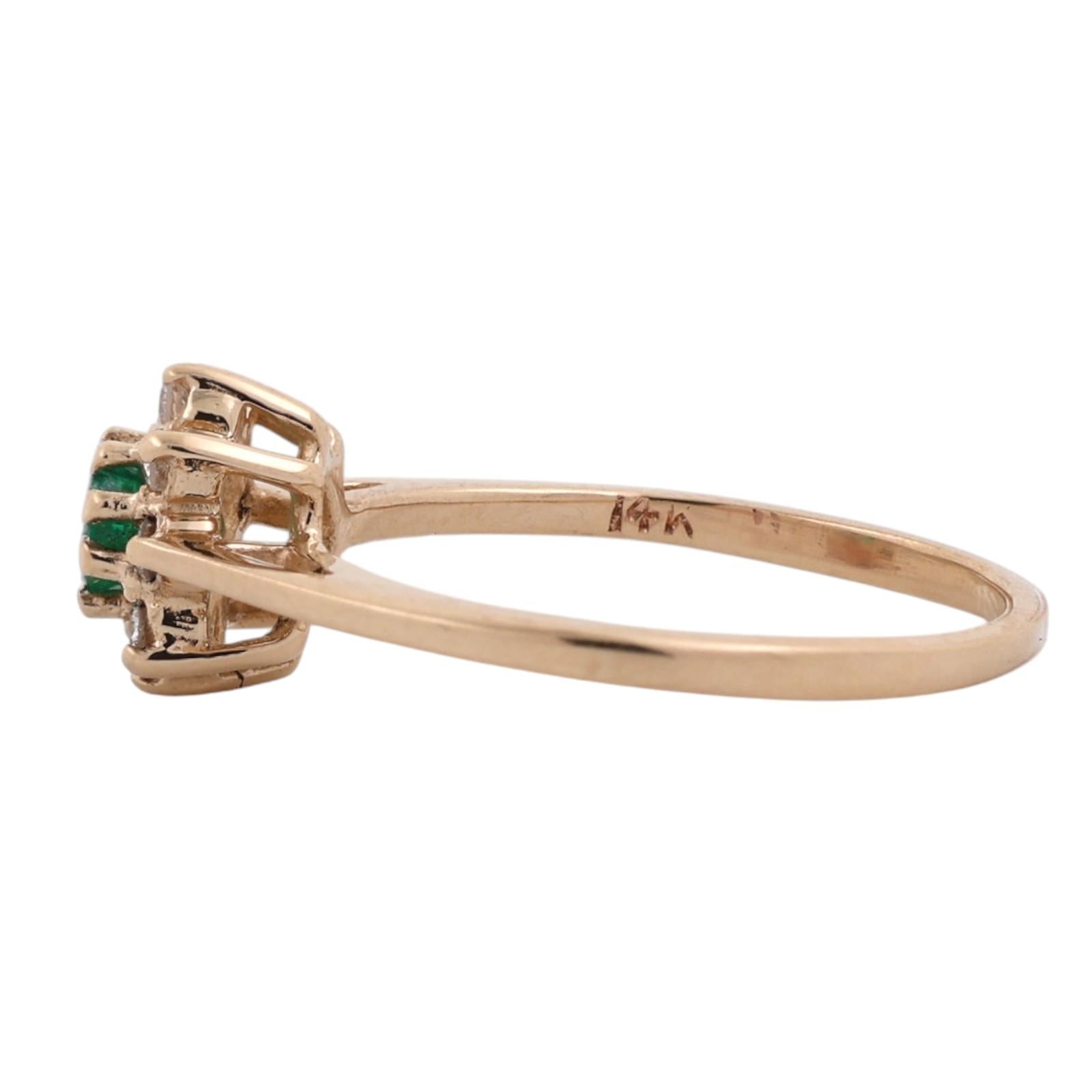 Natural Emerald Diamond Halo Cluster Flower Ring 14K Yellow Gold Size 6.5
