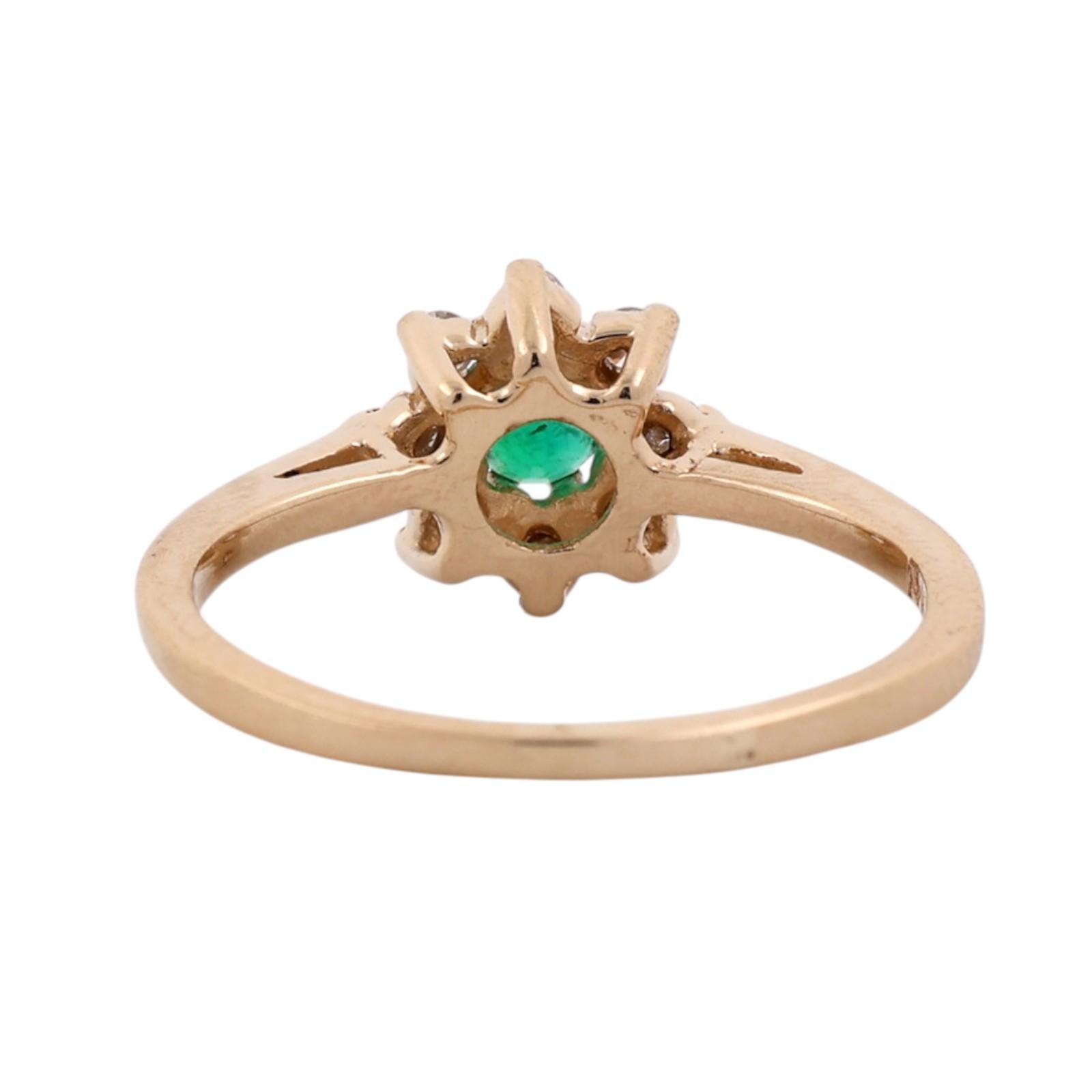 Natural Emerald Diamond Halo Cluster Flower Ring 14K Yellow Gold Size 6.5