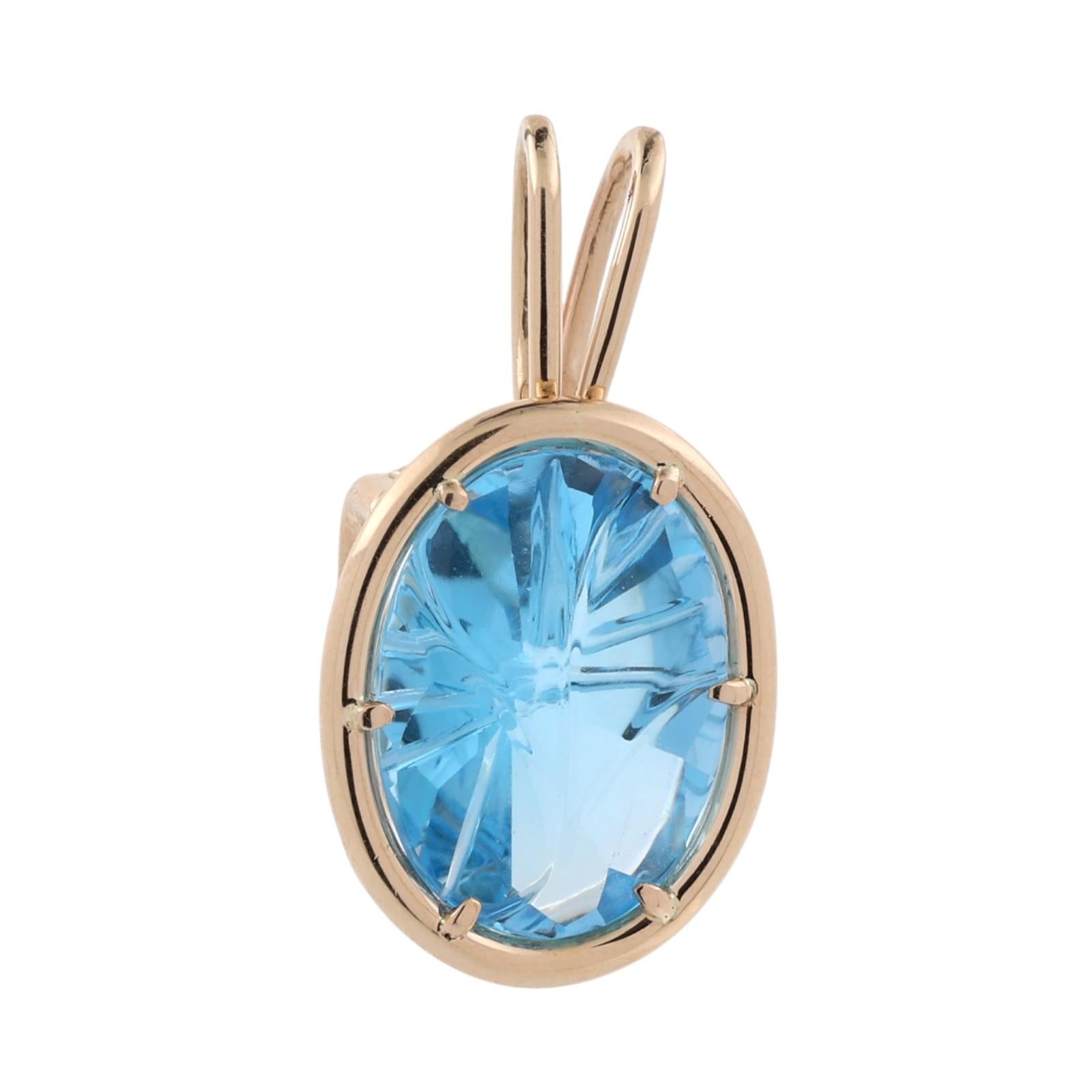 14K Carved Blue Topaz Pendant 16CT Fancy Cut Estate 14K Yellow Gold ANVIL