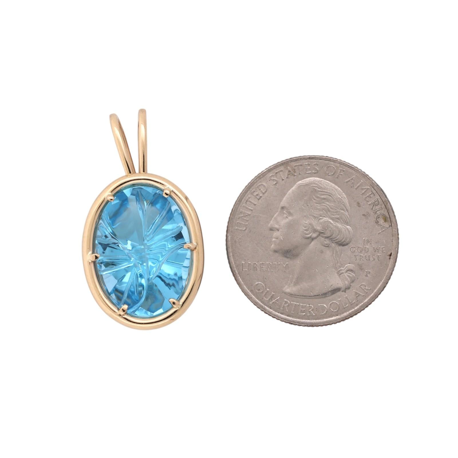 14K Carved Blue Topaz Pendant 16CT Fancy Cut Estate 14K Yellow Gold ANVIL