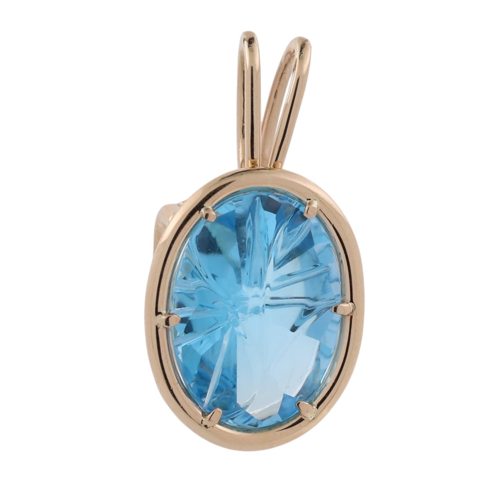 14K Carved Blue Topaz Pendant 16CT Fancy Cut Estate 14K Yellow Gold ANVIL