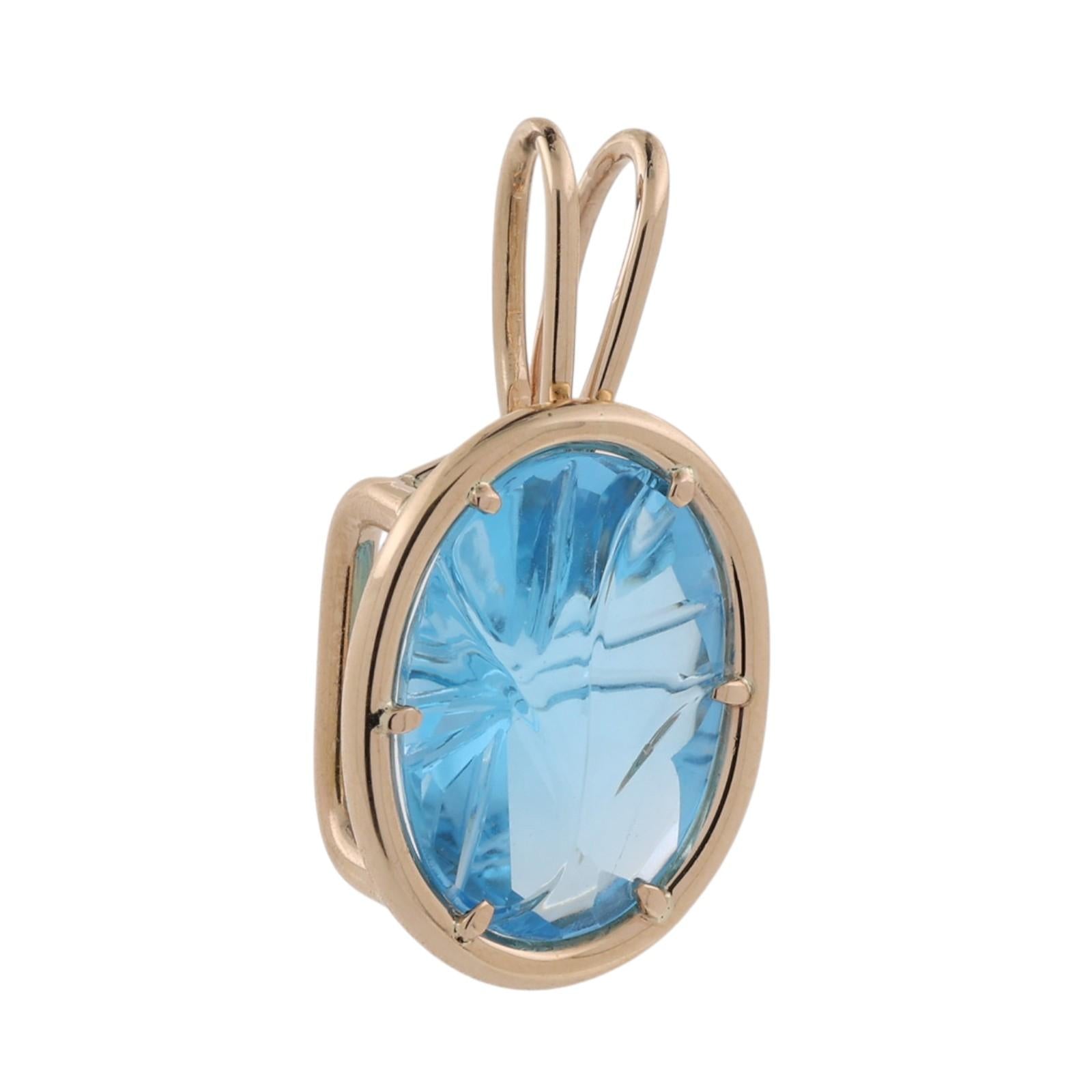 14K Carved Blue Topaz Pendant 16CT Fancy Cut Estate 14K Yellow Gold ANVIL