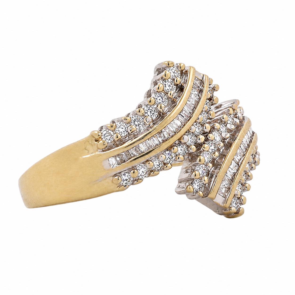 10K Two Tone Gold 0.65 CTW Natural Diamond Baguette Crossover Ring Size 7