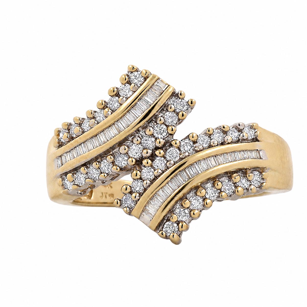 10K Two Tone Gold 0.65 CTW Natural Diamond Baguette Crossover Ring Size 7